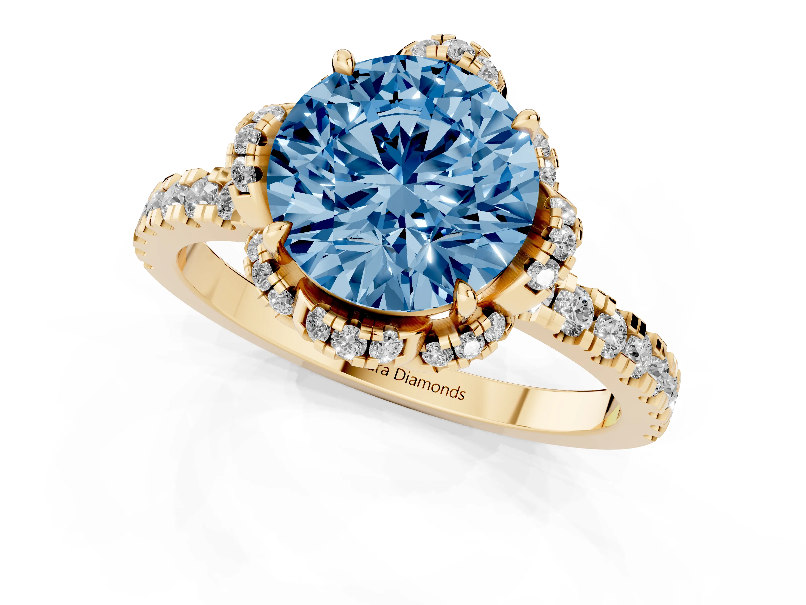 Fancy Blue Round Cut Diamond Halo Pavé Band Ring Set in Yellow gold with Prong-Held Center