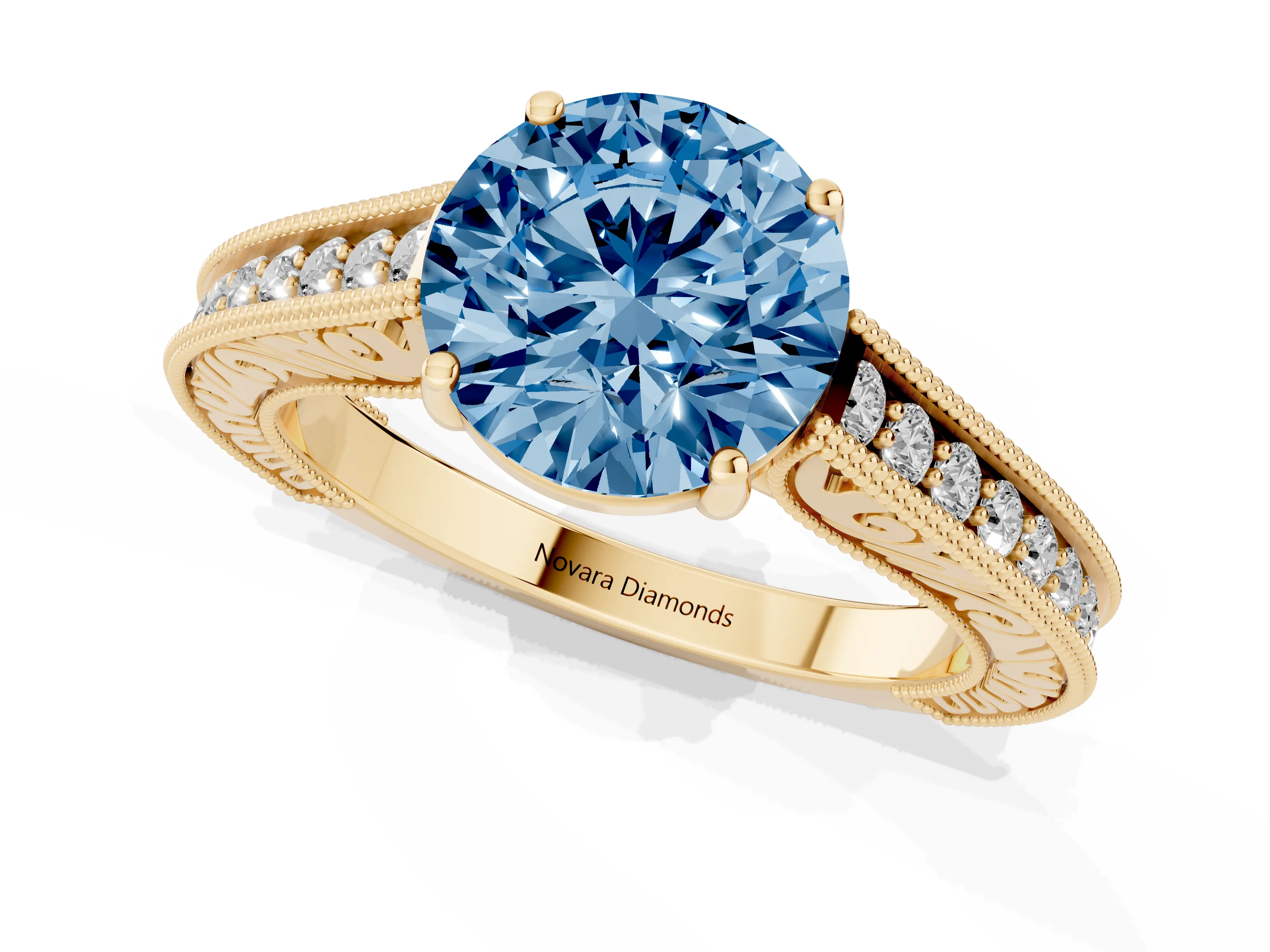 Fancy Blue Round Cut Diamond Milgrain Pavé Band Solitaire Ring Set in Yellow gold with Prong Setting