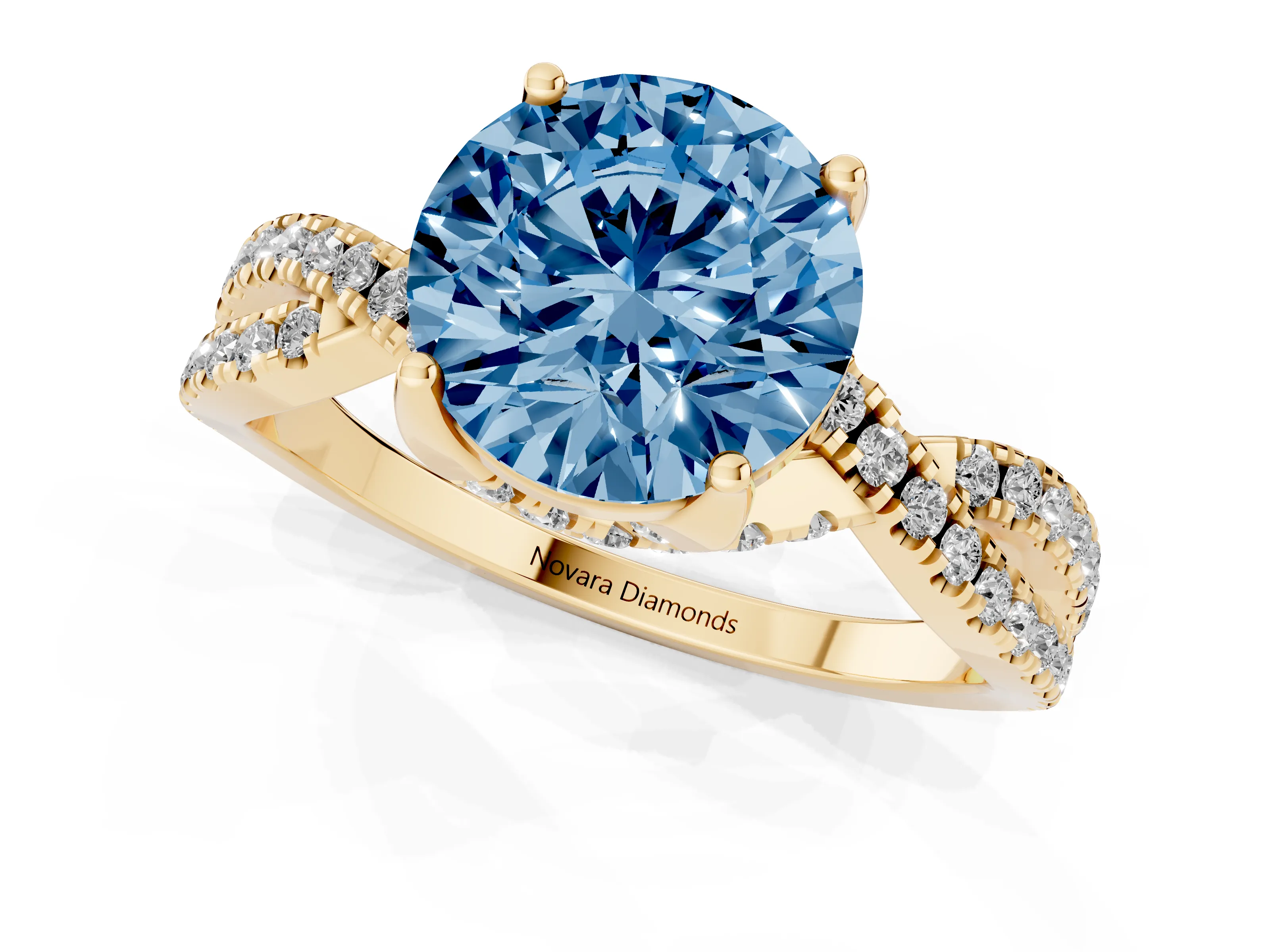Fancy Blue Round Cut Diamond Twist Pavé Solitaire Engagement Ring Set in Yellow gold with Prong Setting