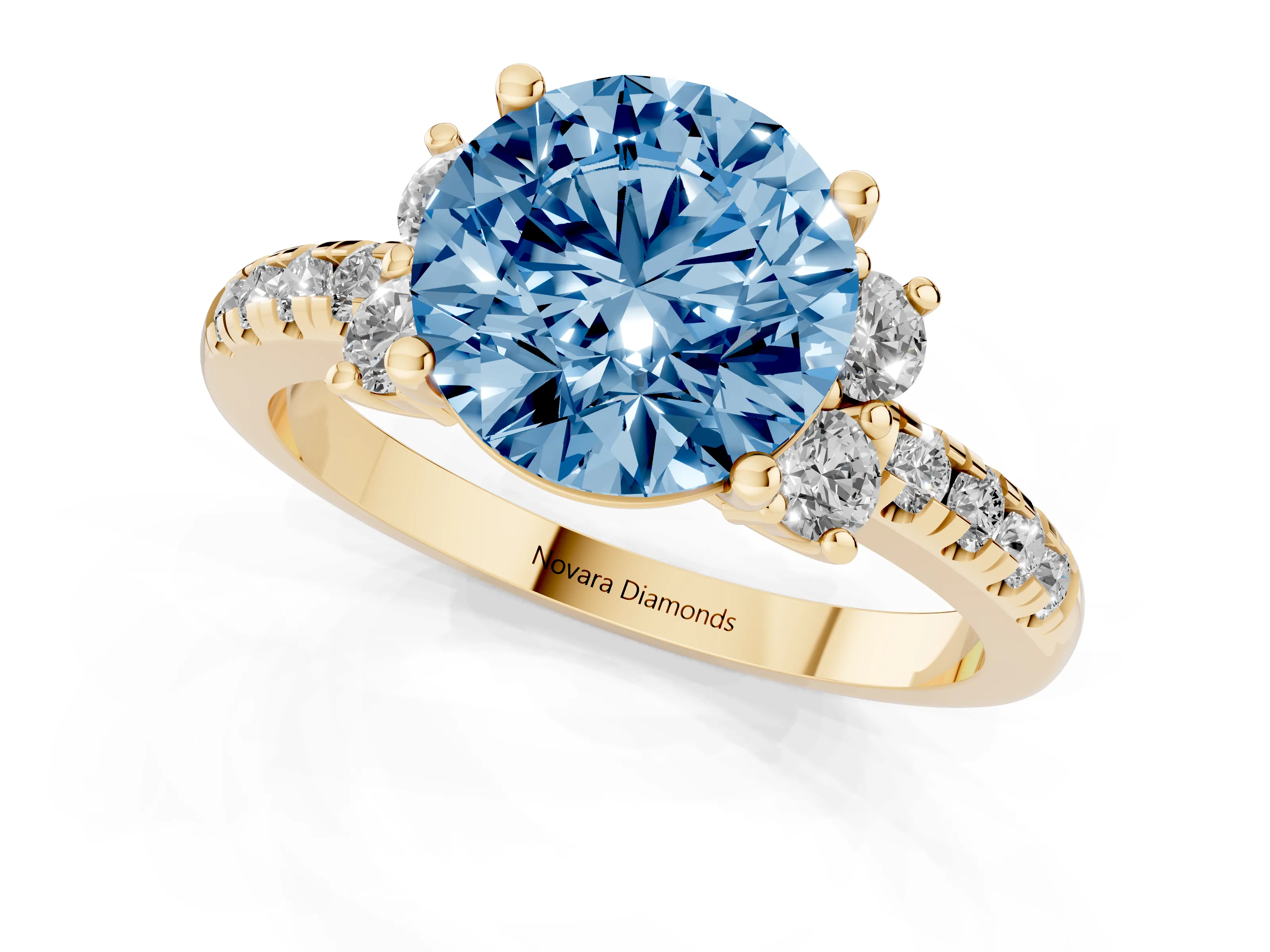 Fancy Blue Round Cut Diamond Three-Stone Pavé Ring Set in Yellow gold with Prong Setting