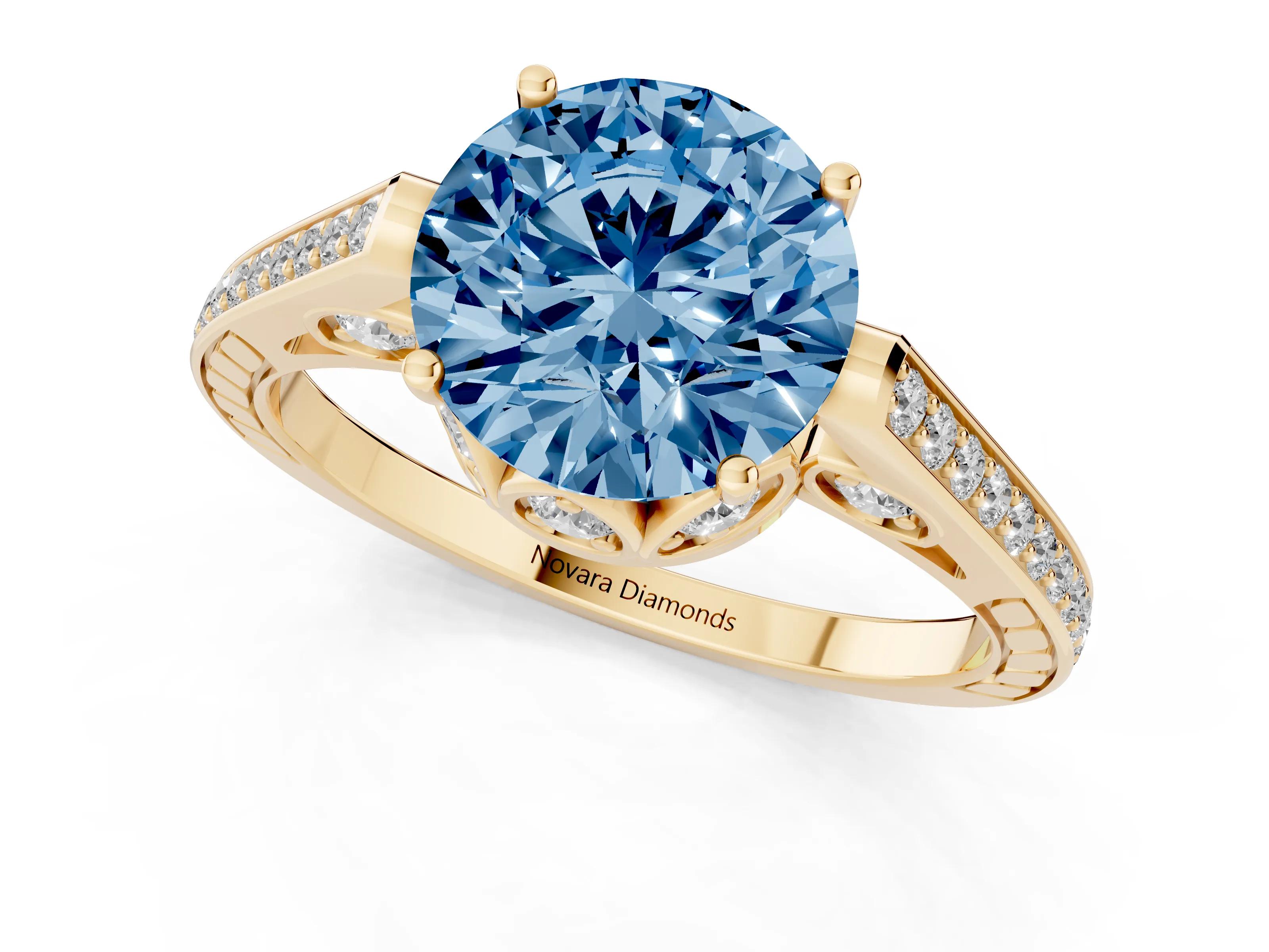 Fancy Blue Round Cut Diamond Cathedral Pavé Engagement Ring Set in Yellow gold with Prong Setting