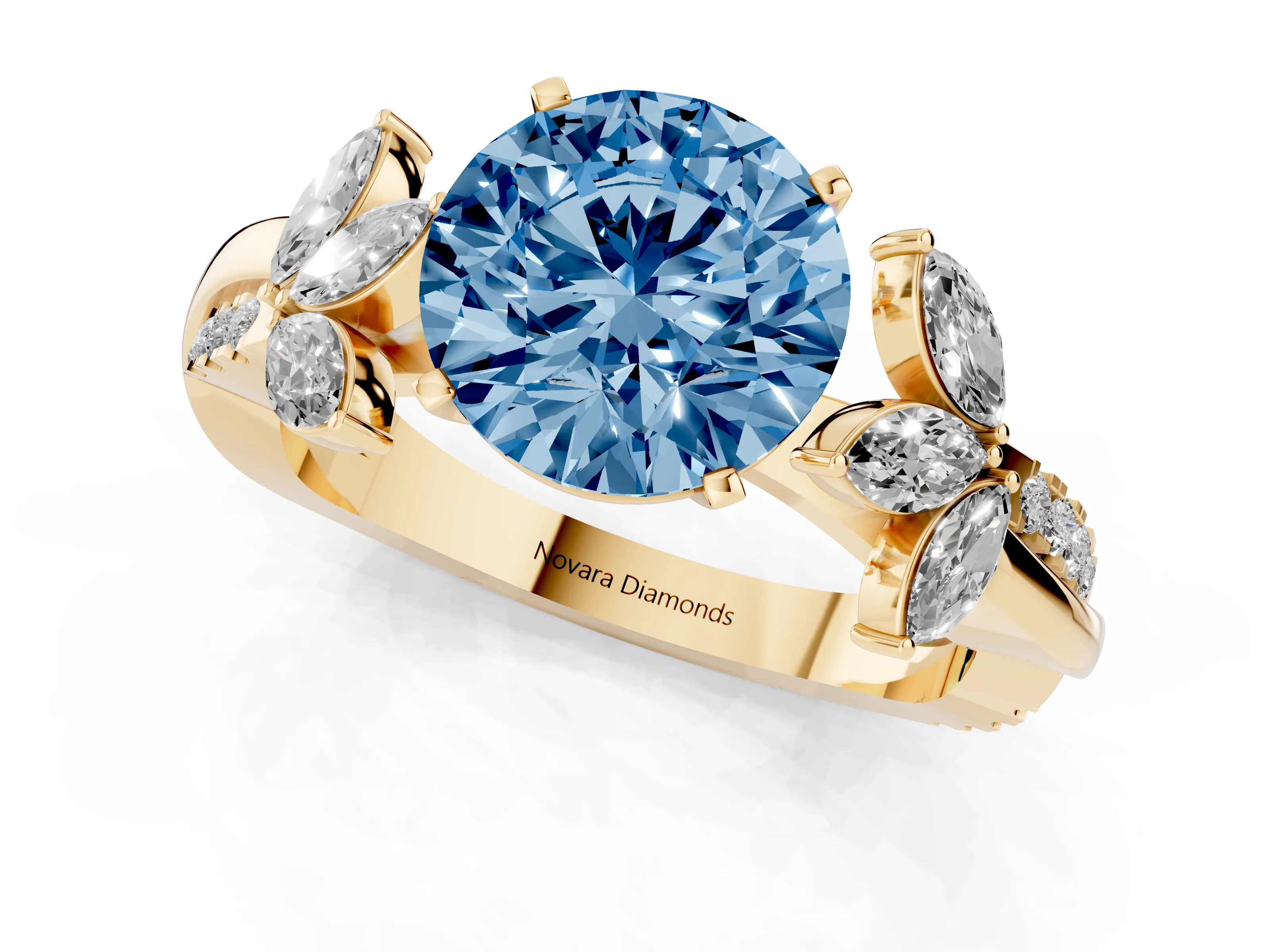 Fancy Blue Round Cut Diamond Floral Vine Solitaire Engagement Ring Set in Yellow gold with Marquise Leaves