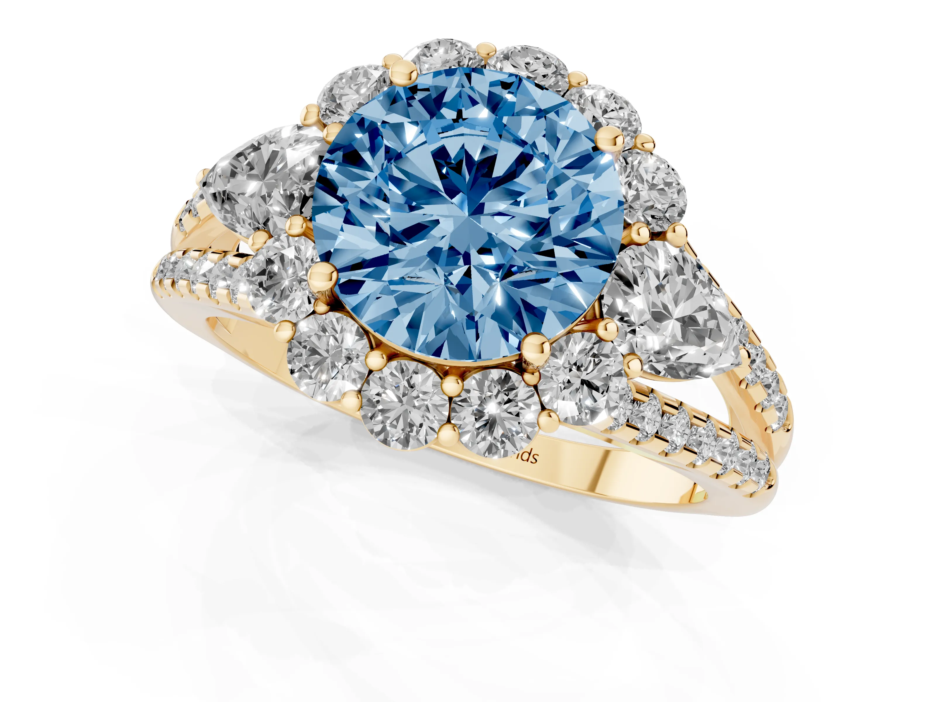 Fancy Blue Round Cut Diamond Halo Split Shank Engagement Ring Set in Yellow gold with Prong-Held Center Stone