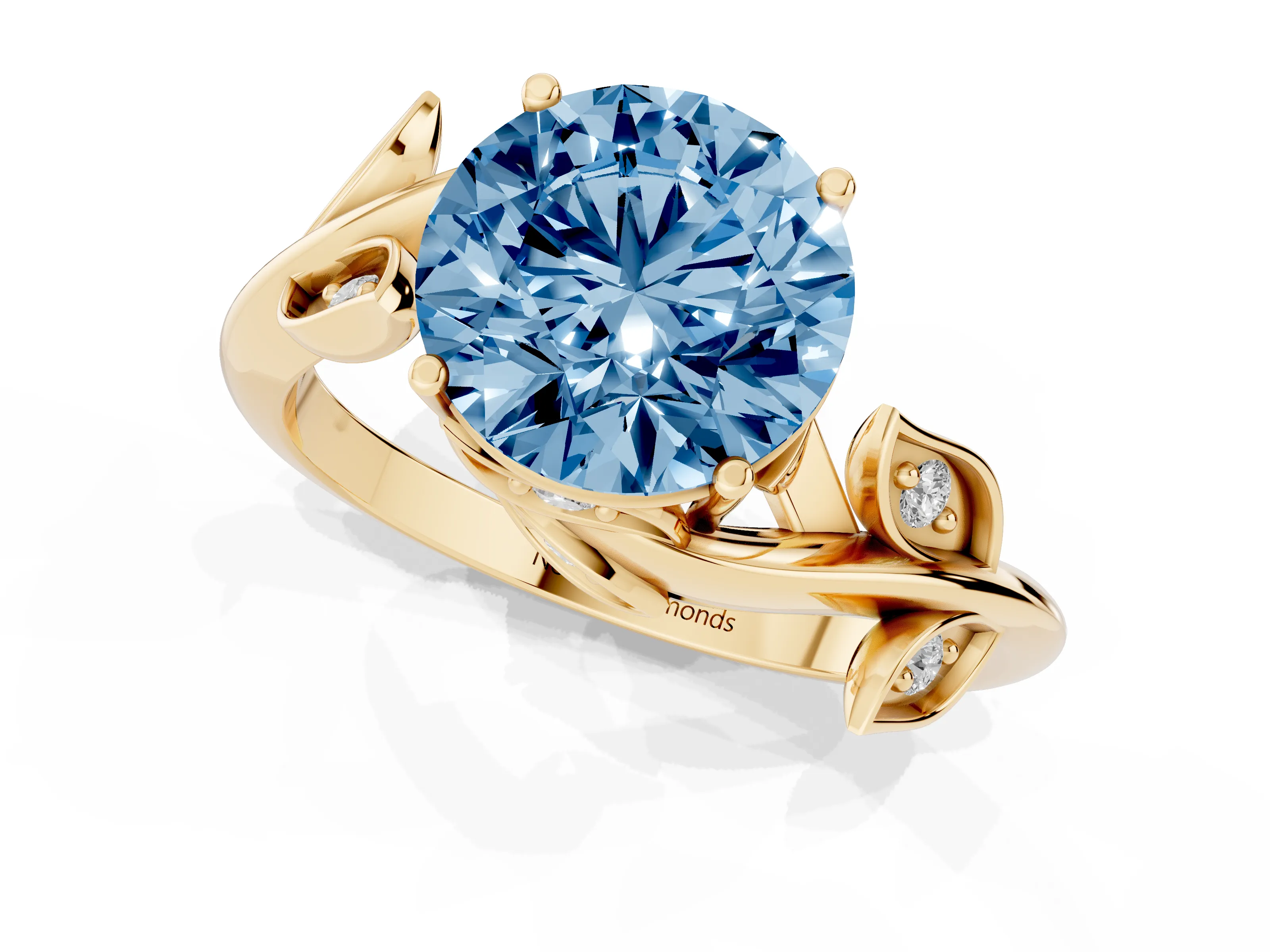 Fancy Blue Round Cut Diamond Solitaire Twist Engagement Ring Set in Yellow gold with Pavé Leaf Accents