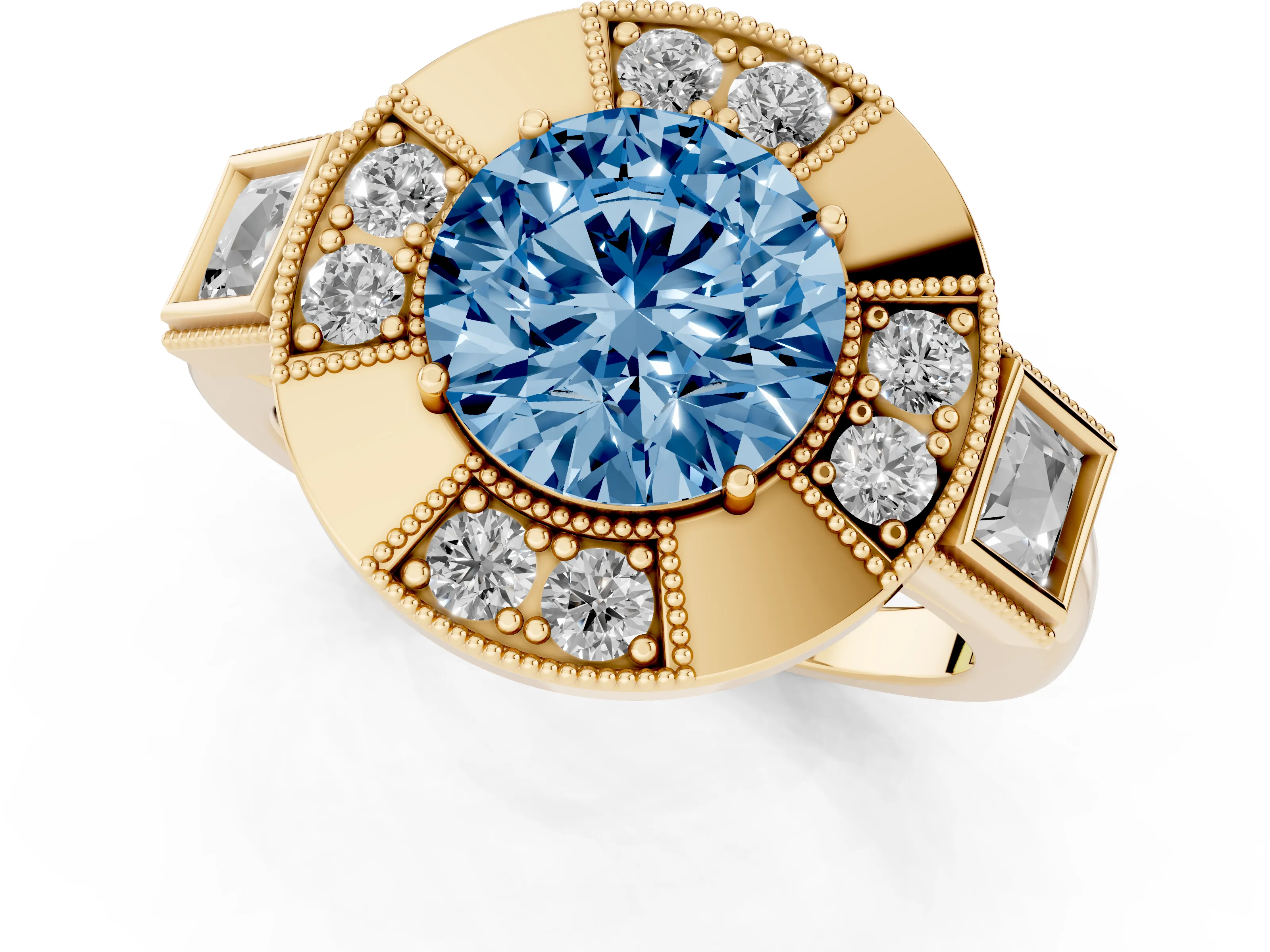 Fancy Blue Round Cut Diamond Milgrain Halo Ring Set in Yellow gold with Split Shank