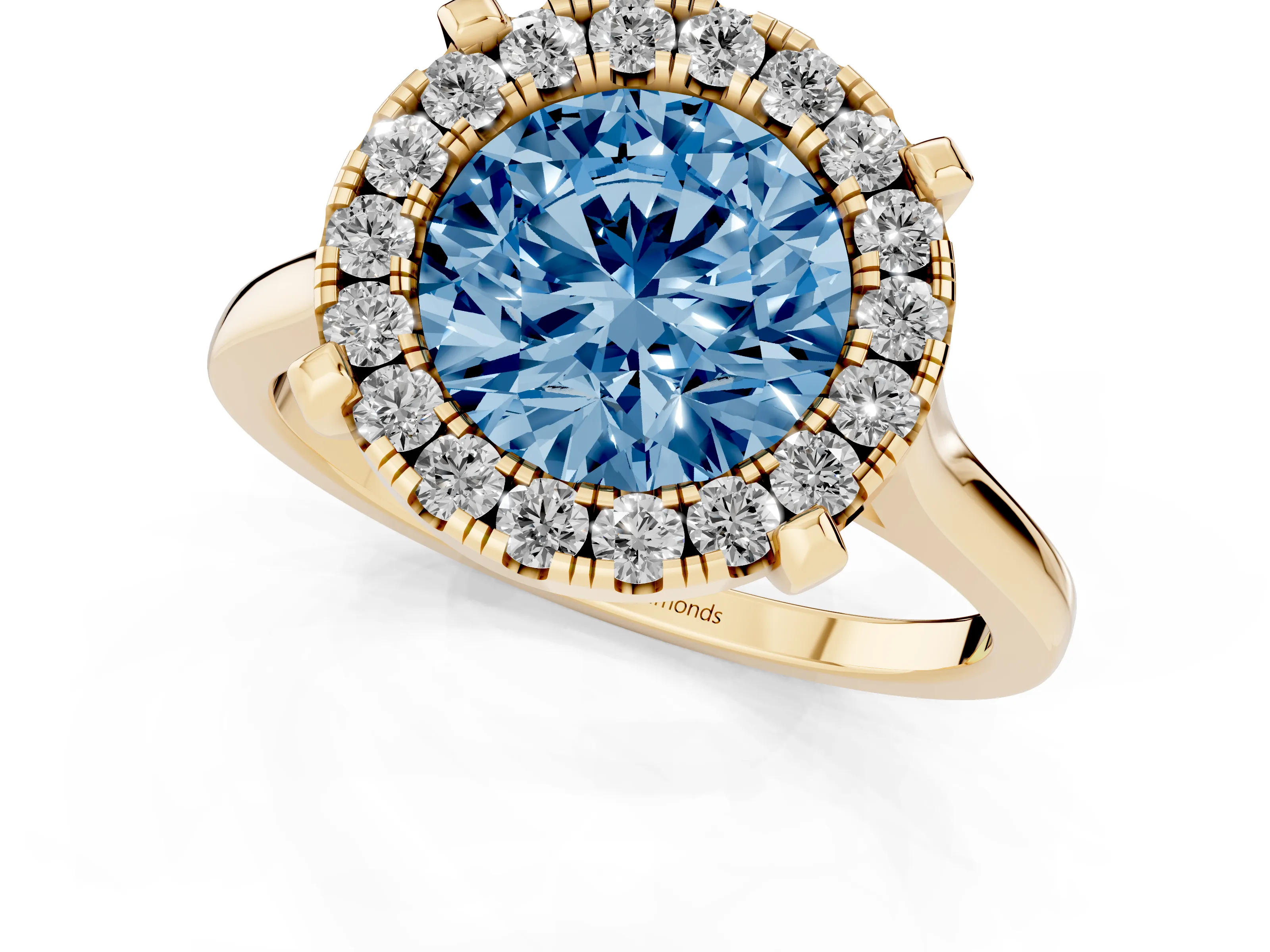 Fancy Blue Round Cut Diamond Cluster Halo Solitaire Ring Set in Yellow gold with Prong Setting