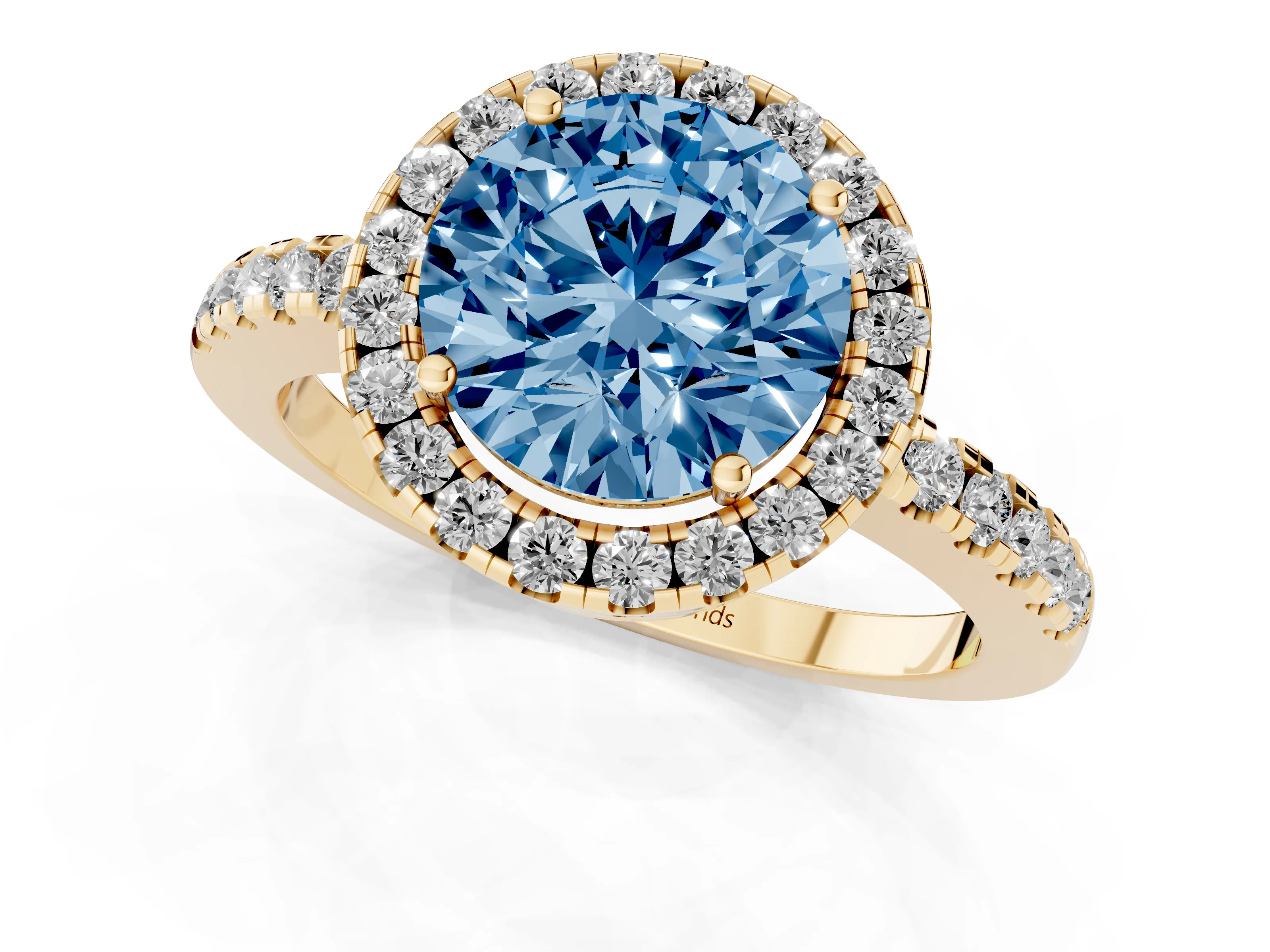 Fancy Blue Round Cut Diamond Pavé Band Halo Engagement Ring Set in Yellow gold with Prong Setting