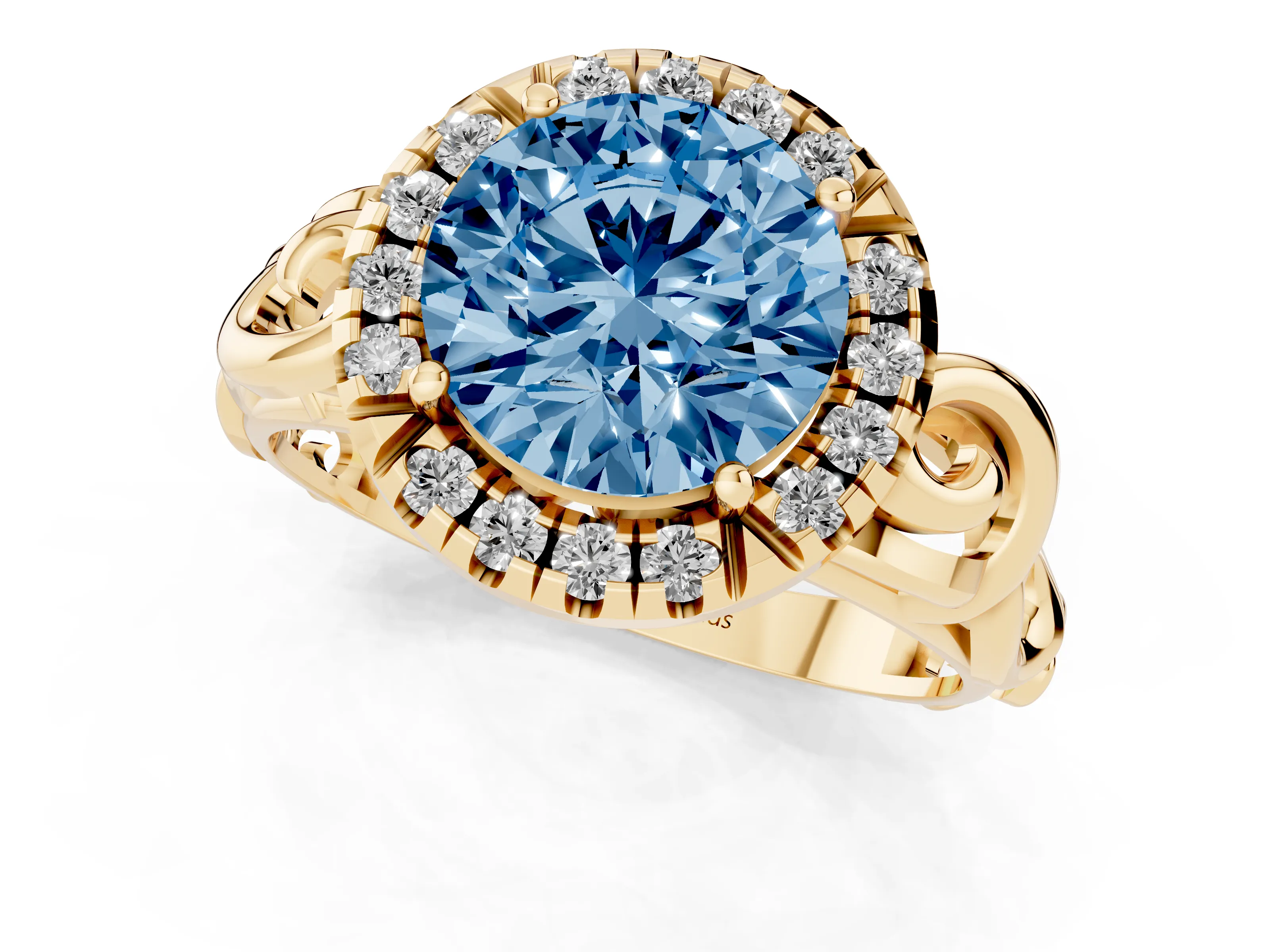 Fancy Blue Round Cut Diamond Halo Ring Set in Yellow gold with Scrollwork Band and Prong Setting