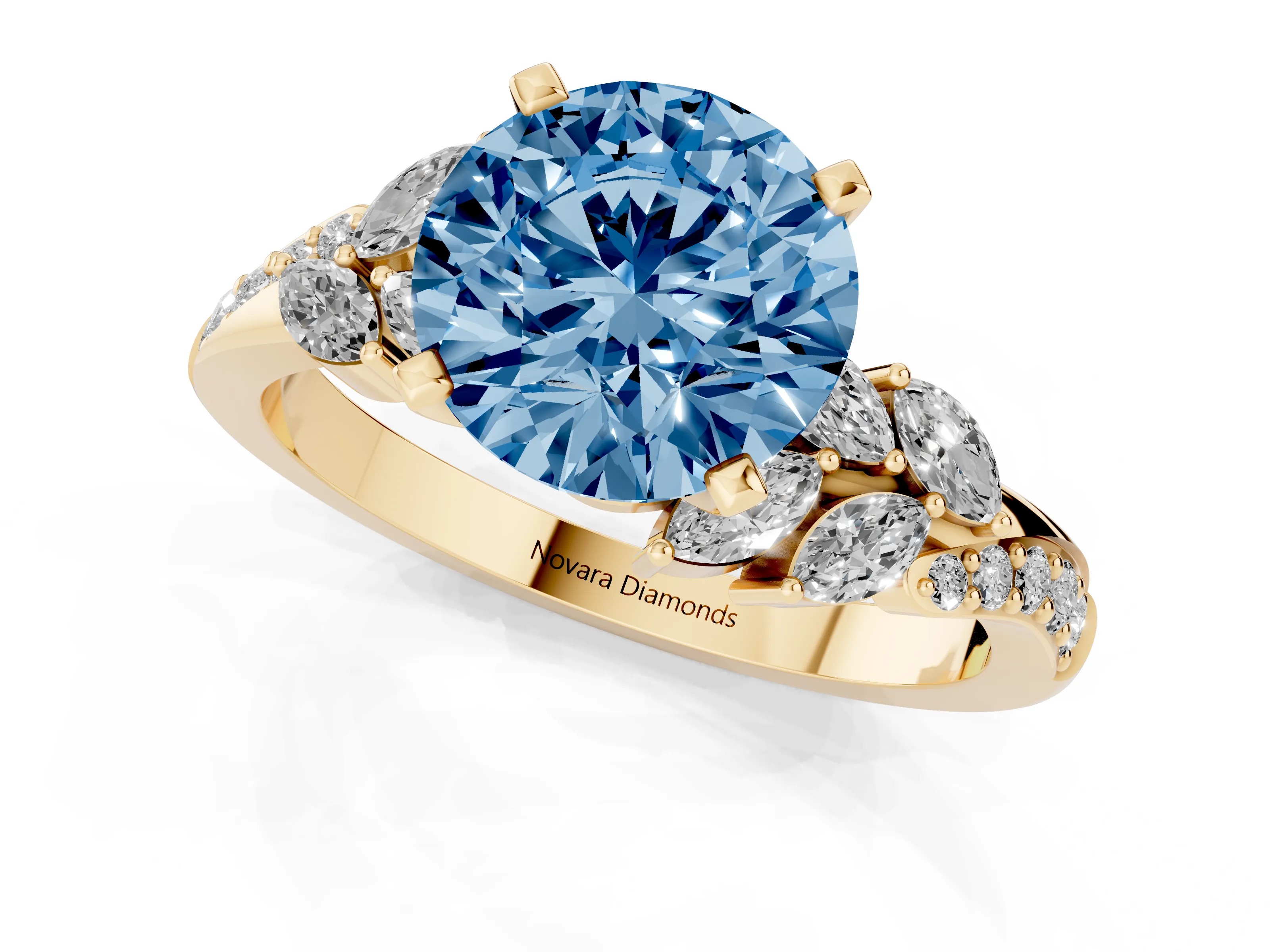 Fancy Blue Round Cut Diamond Solitaire Ring Set in Yellow gold with Marquise Twist Band and Prong Setting