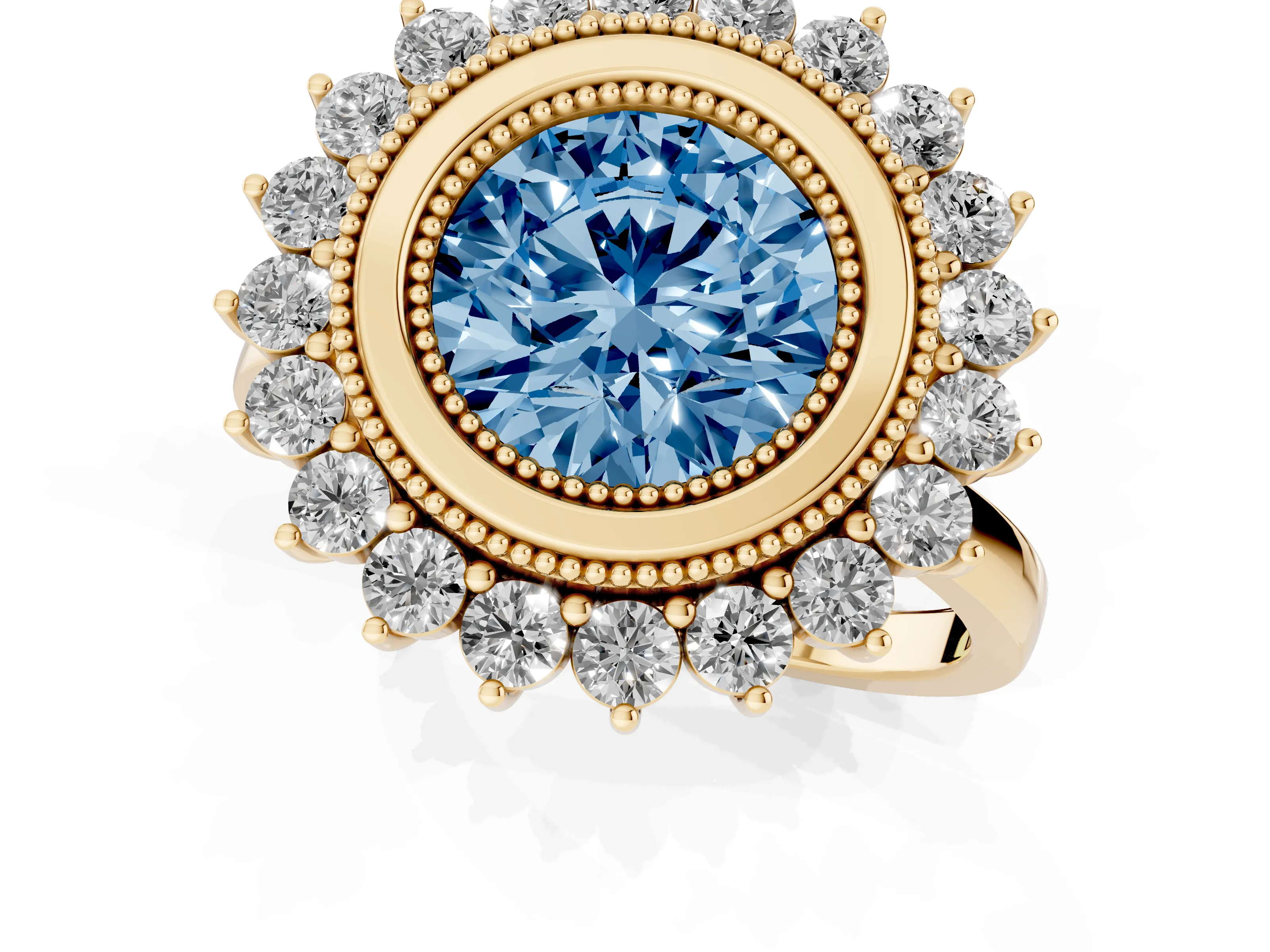 Fancy Blue Round Cut Diamond Halo Ring Set in Yellow gold with Milgrain Edge and Round Prong Setting