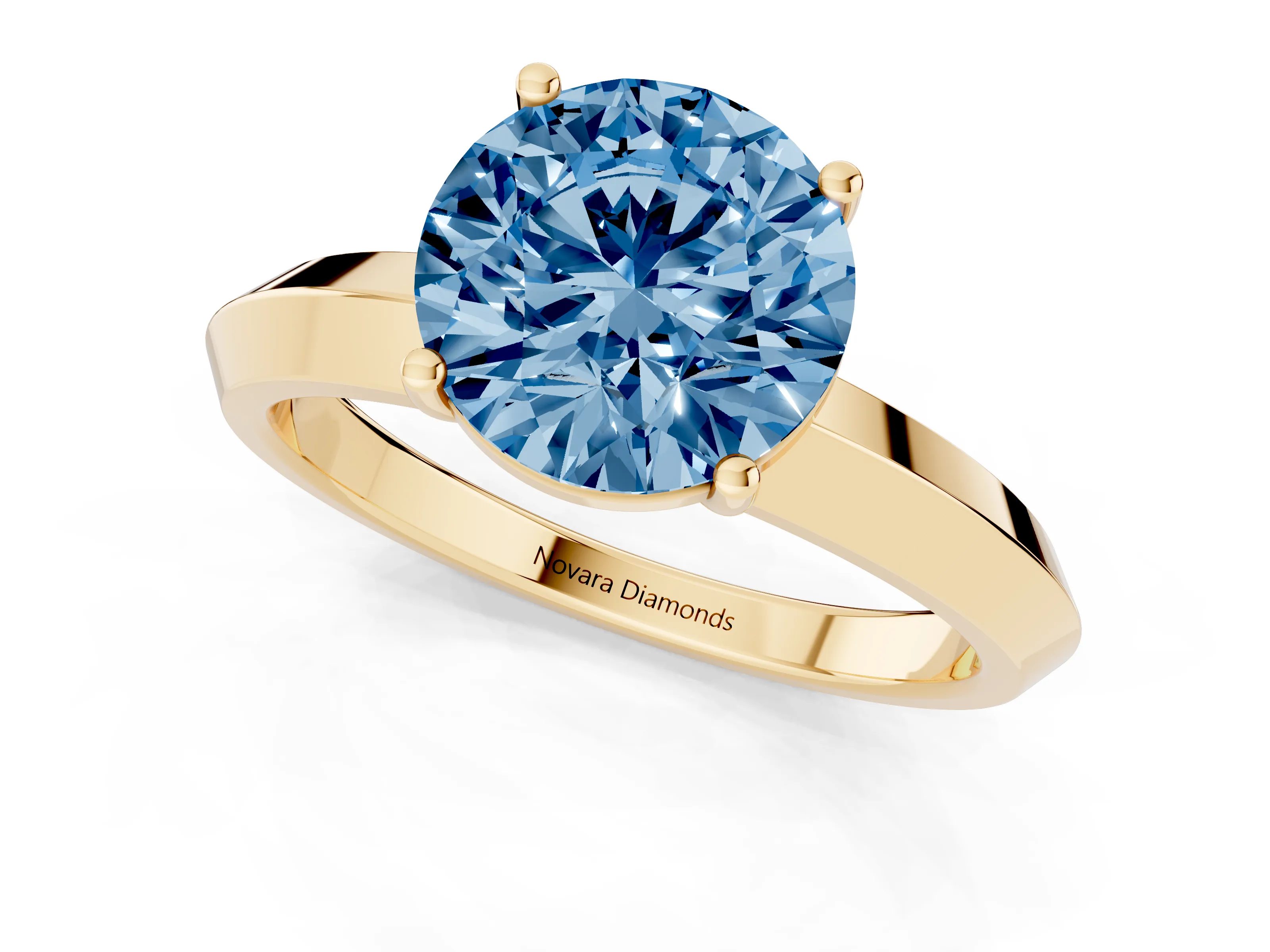 Fancy Blue Round Cut Diamond Solitaire Engagement Ring Set in Yellow gold with Flat Band and Prong Setting