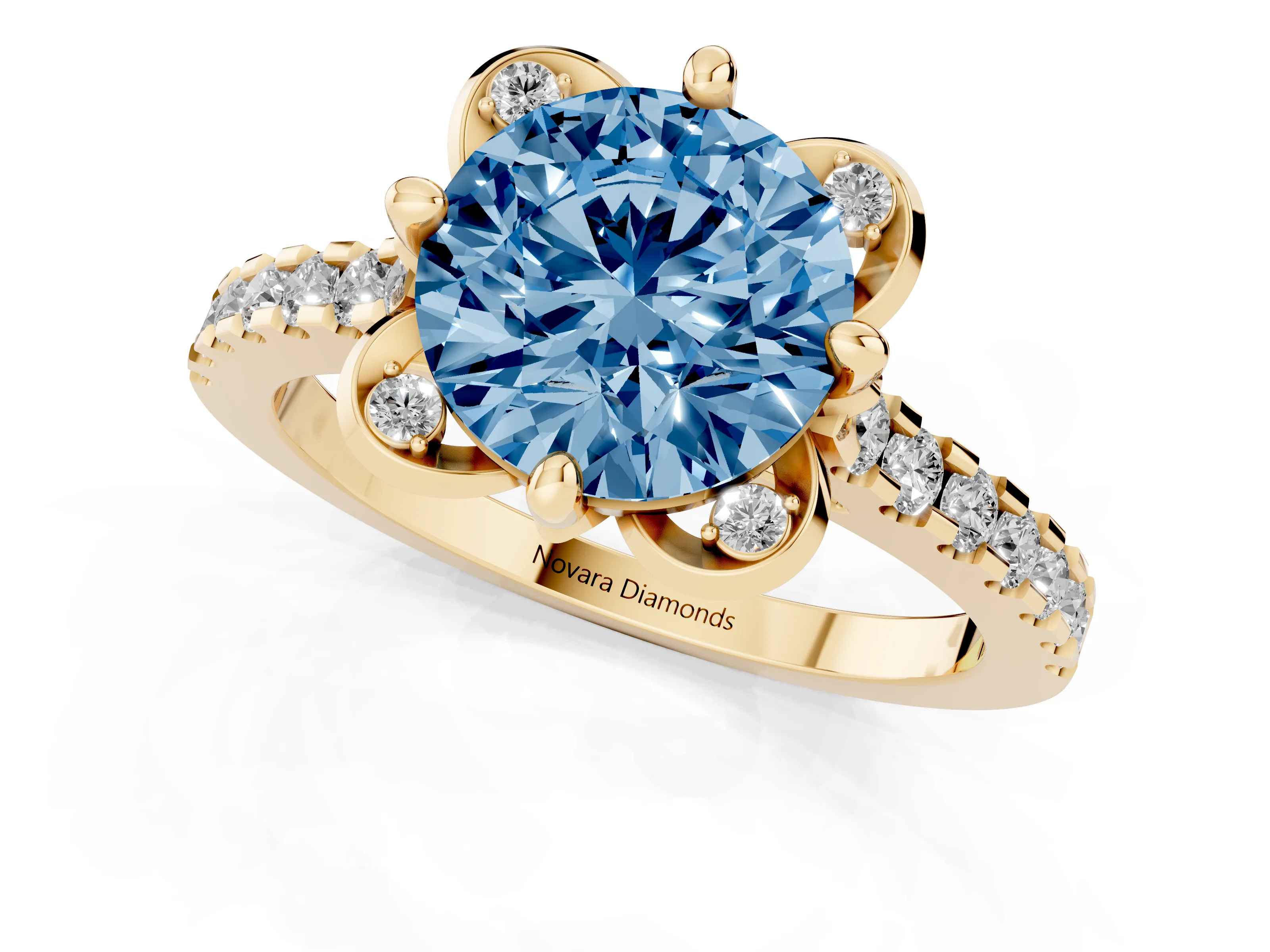 Fancy Blue Round Cut Diamond Solitaire Ring Set in Yellow gold with Pavé Band and Floral Prong Setting