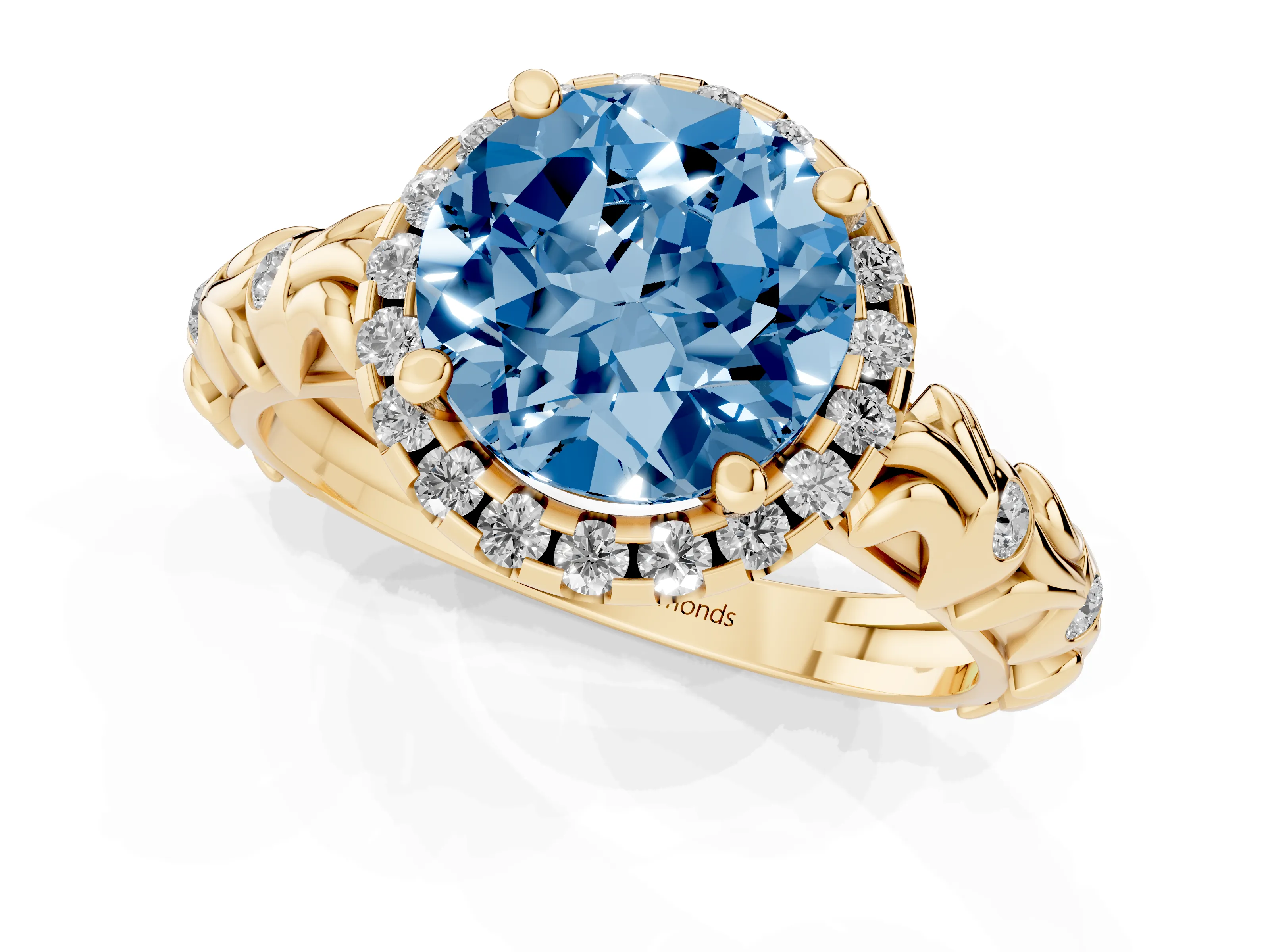 Fancy Blue Round Cut Diamond Halo Ring Set in Yellow gold with Filigree Leaf Band and Prong Setting