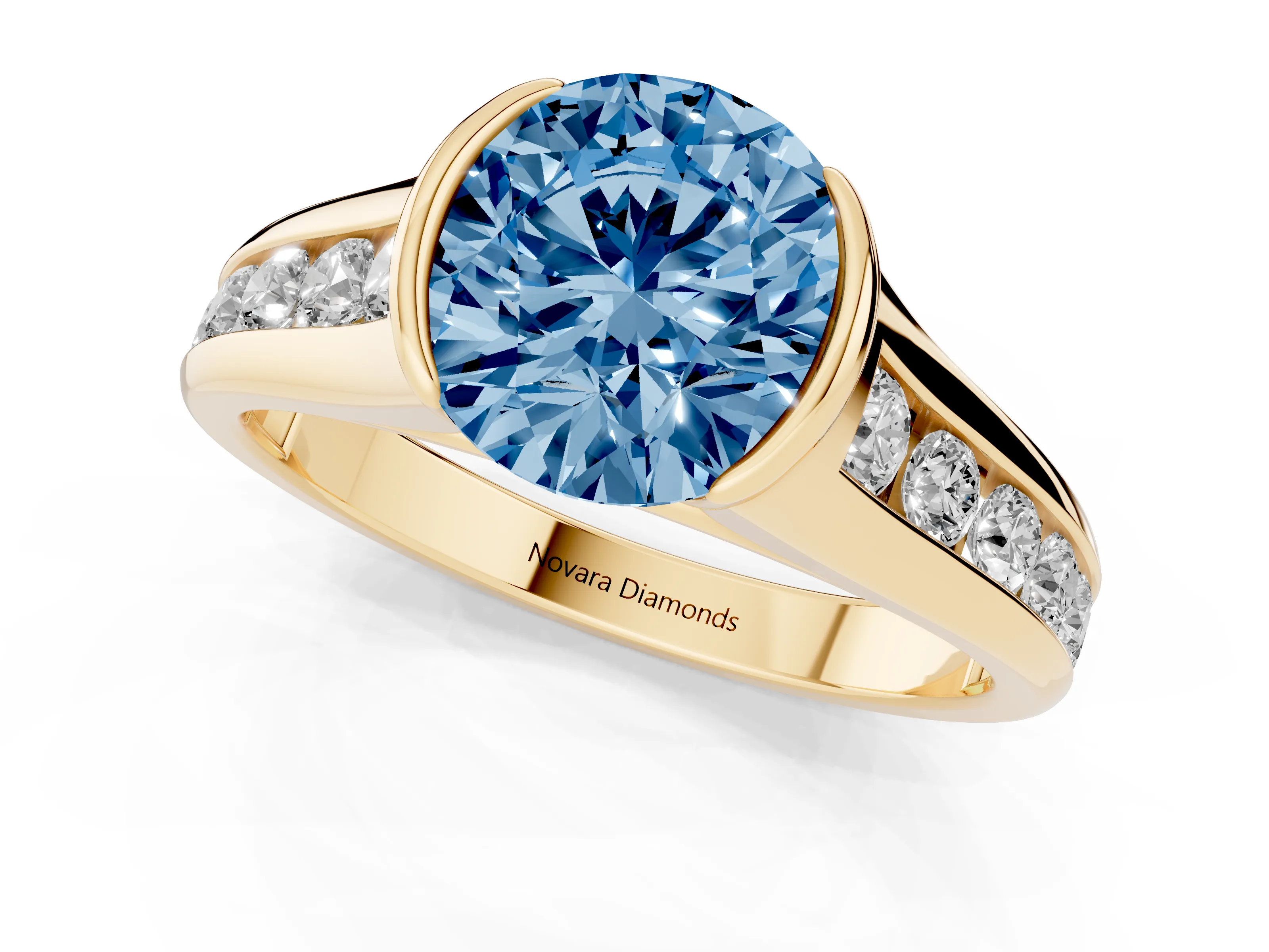 Fancy Blue Round Cut Diamond Bezel-Set Solitaire Ring Set in Yellow gold with Channel-Set Band