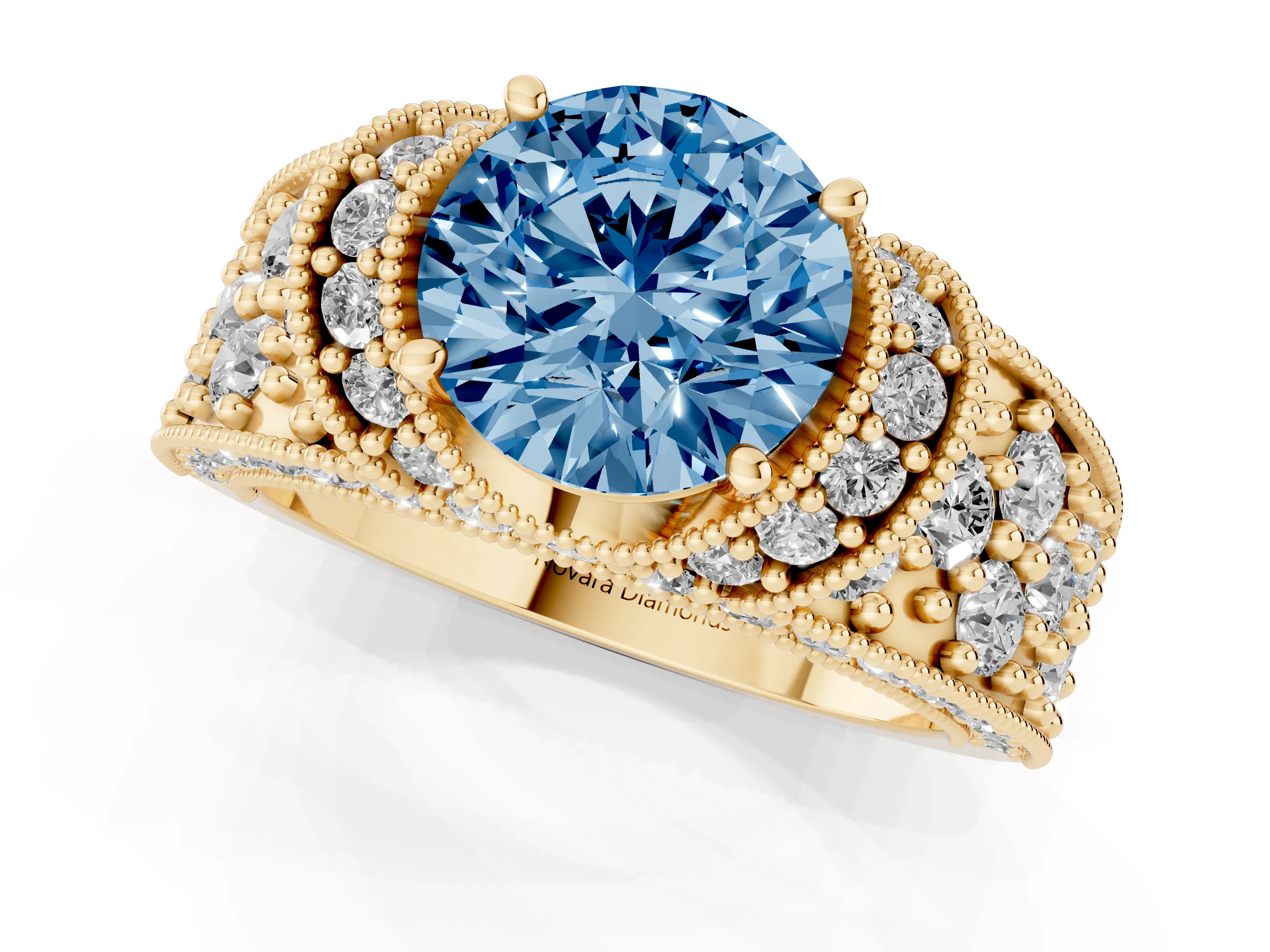 Fancy Blue Round Cut Diamond Milgrain Halo Pavé Engagement Ring Set in Yellow gold with Prong Setting