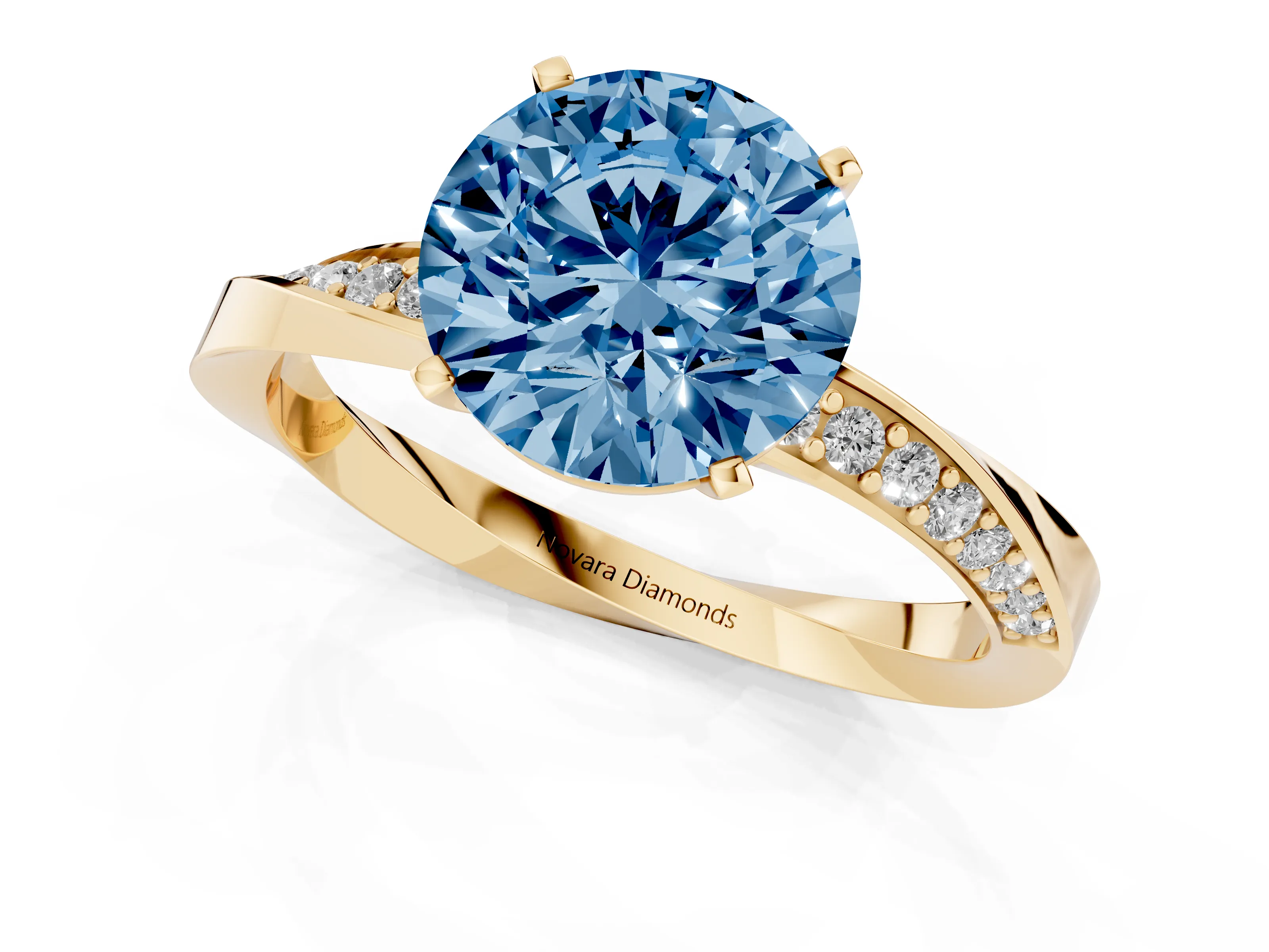 Fancy Blue Round Cut Diamond Engagement Ring Set in Yellow gold with Side Stone Accents and Prong Setting
