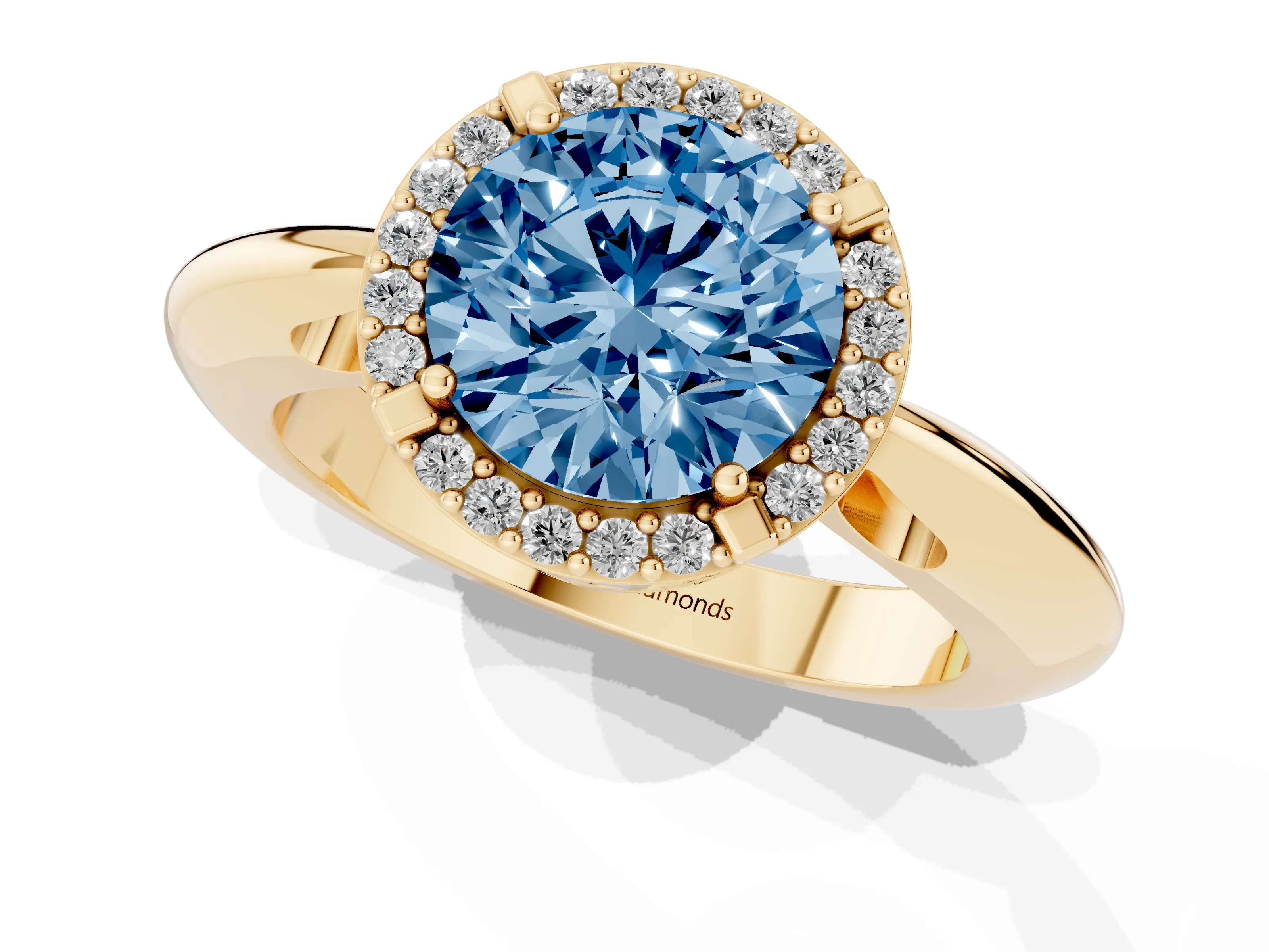 Fancy Blue Round Cut Diamond Halo Engagement Ring Set in Yellow gold with Plain Split Shank and Prong Setting