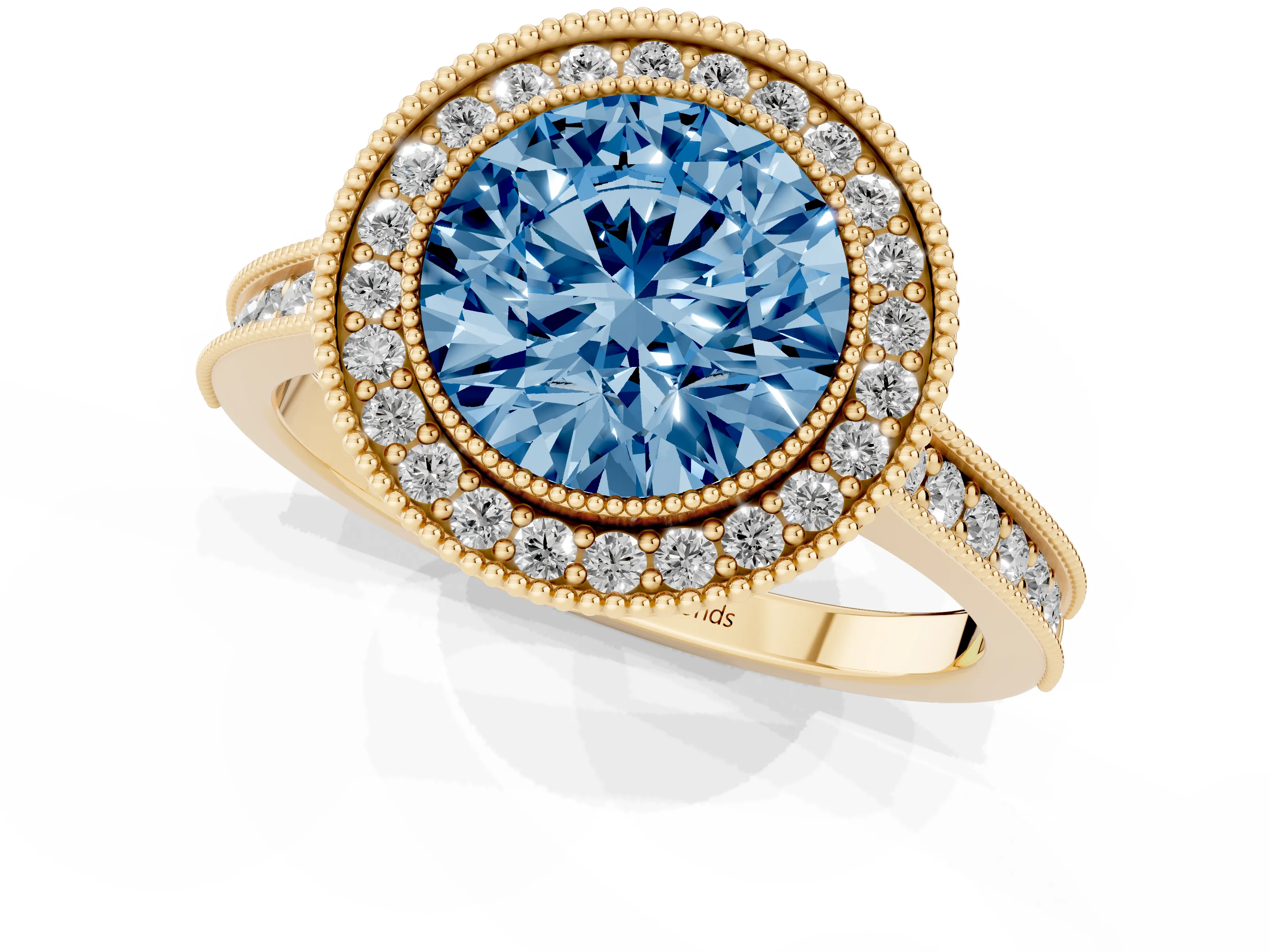 Fancy Blue Round Cut Diamond Halo Milgrain Pavé Band Ring Set in Yellow gold with Prong Setting