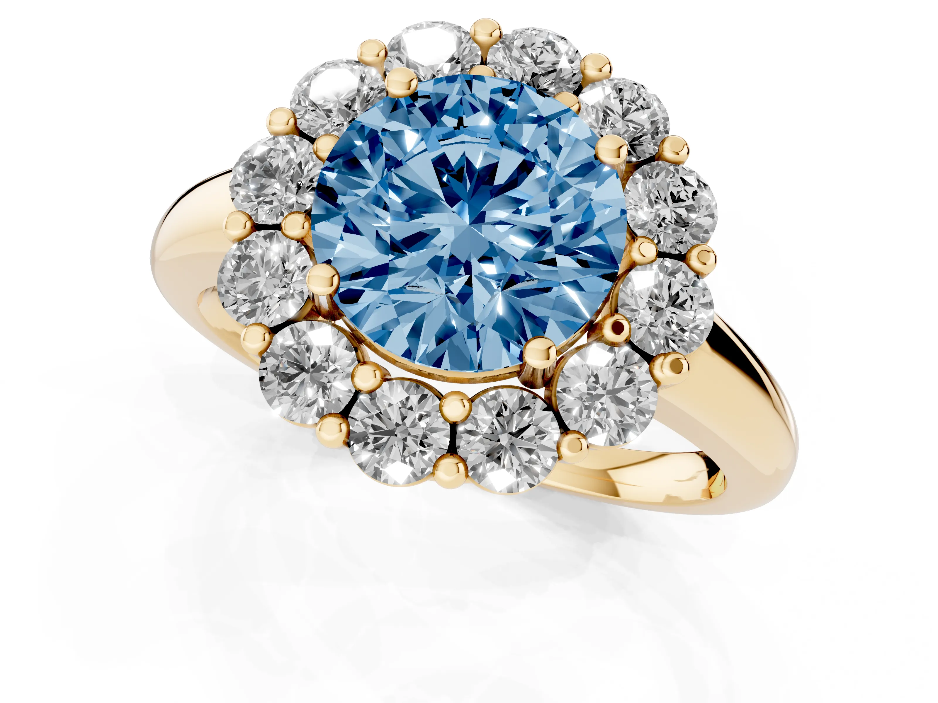 Fancy Blue Round Cut Diamond Halo Cluster Engagement Ring Set in Yellow gold with Polished Band and Prong Setting