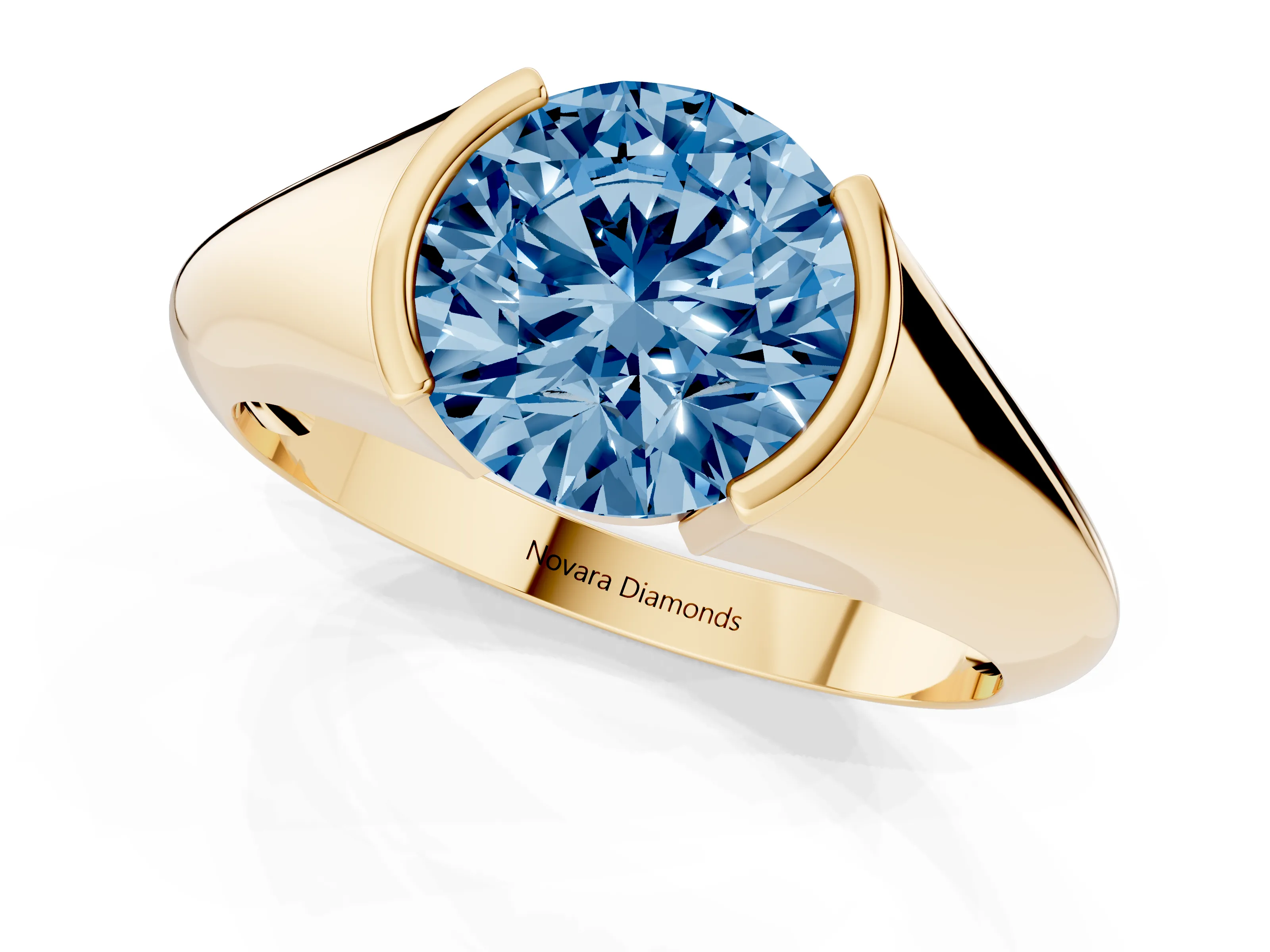 Fancy Blue Round Cut Diamond Solitaire Tension Set Ring Set in Yellow gold