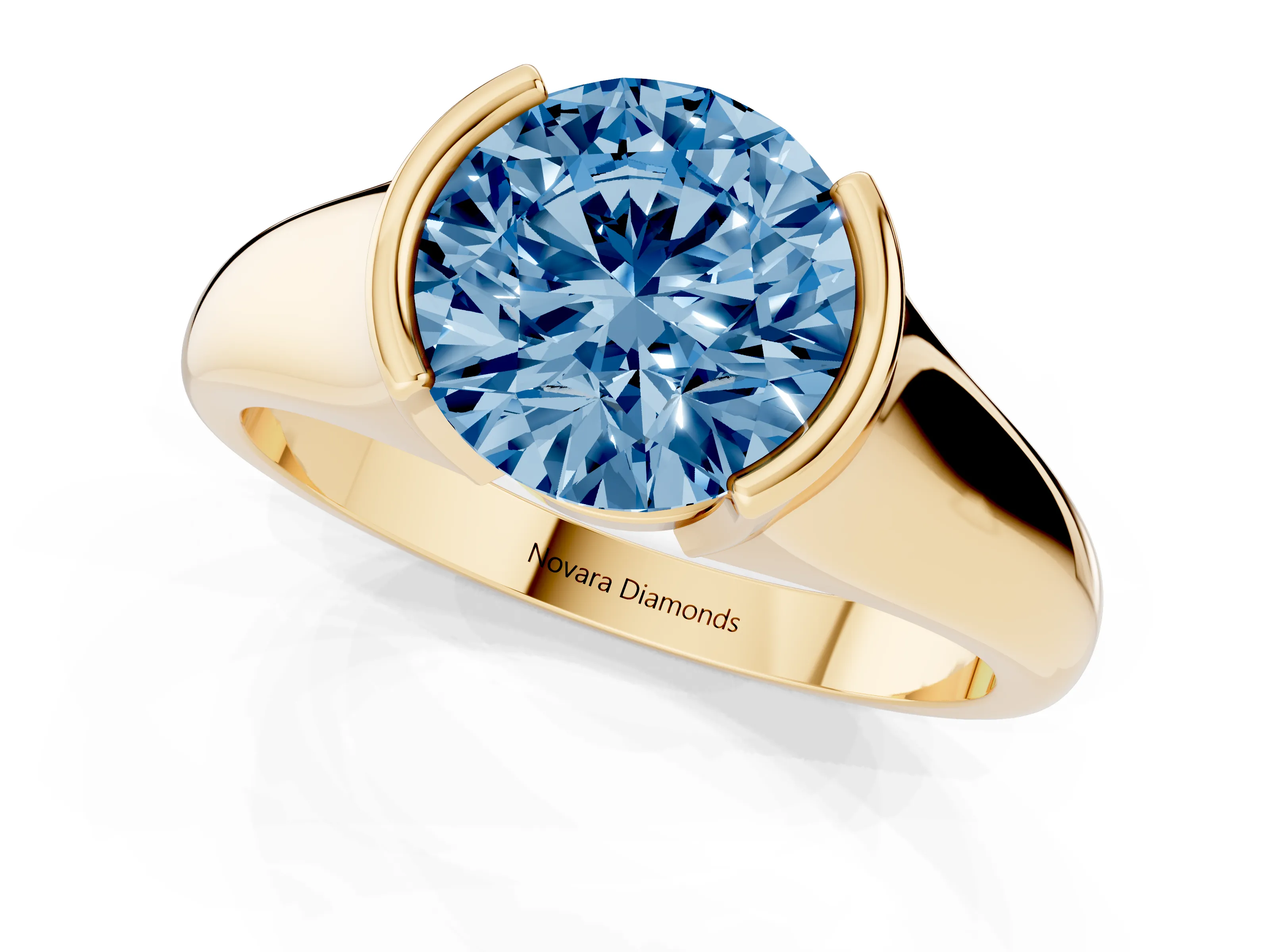 Fancy Blue Round Cut Diamond Solitaire Tension Set Ring Set in Yellow gold with Split Shank Band
