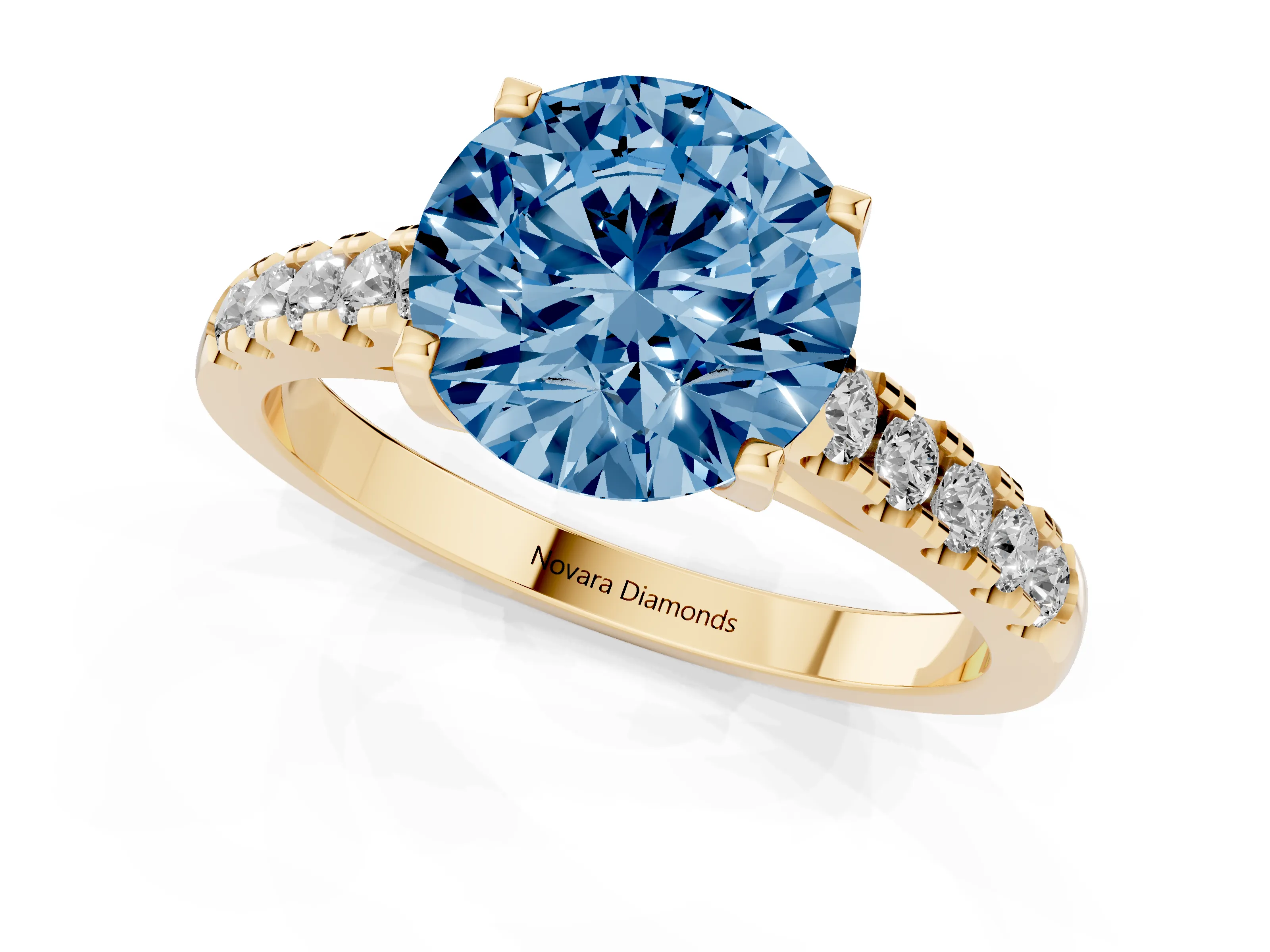 Fancy Blue Round Cut Diamond Pavé Band Solitaire Ring Set in Yellow gold with Partway Accent Stones and Prong Setting