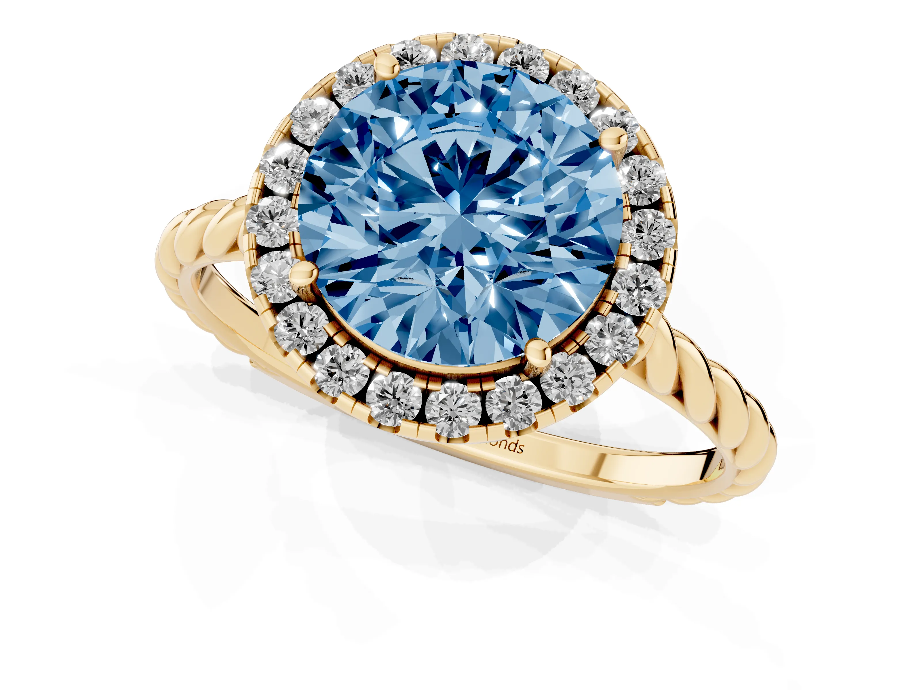 Fancy Blue Round Cut Diamond Halo Ring Set in Yellow gold with Plain Twisted Band
