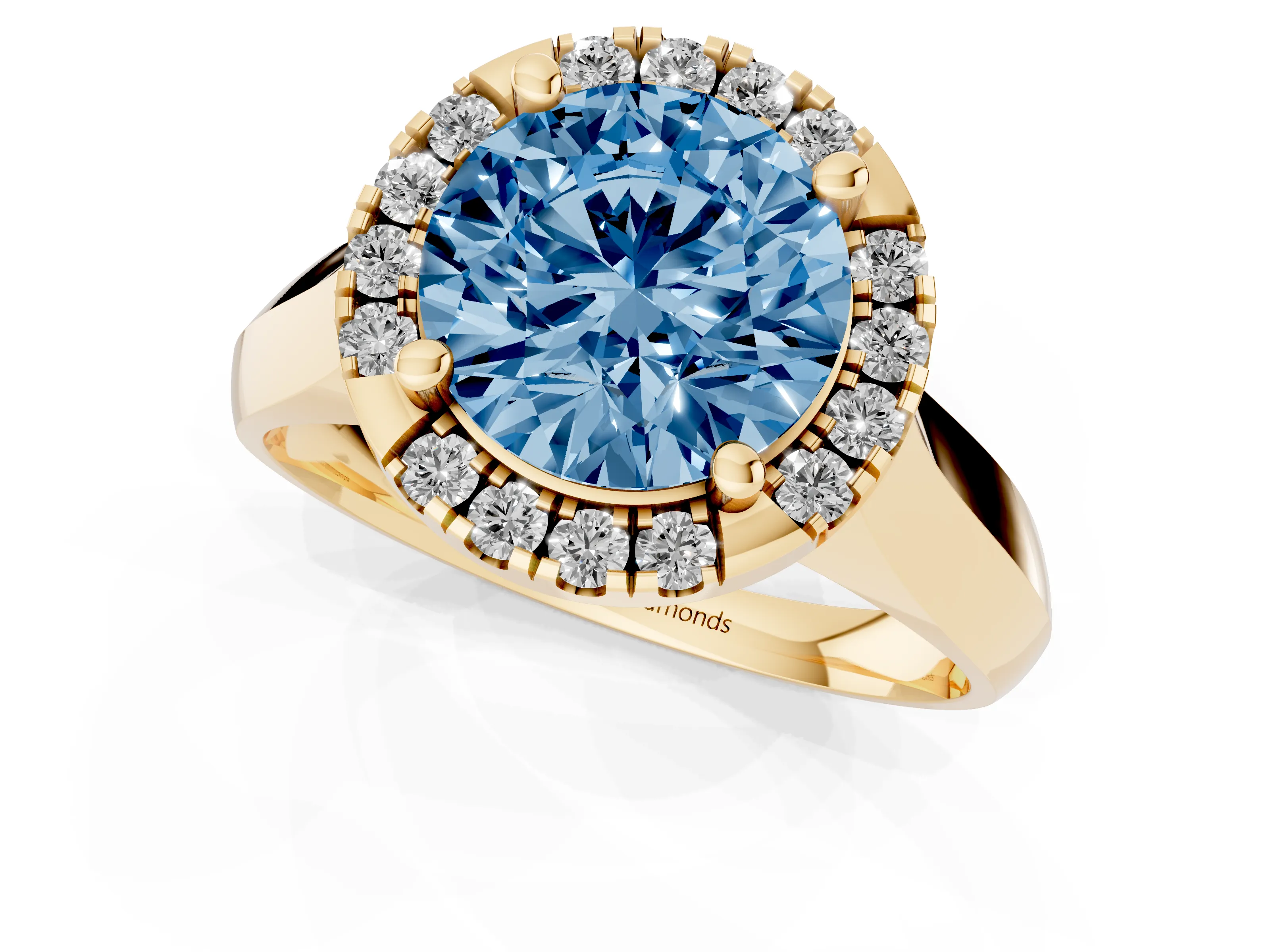 Fancy Blue Round Cut Diamond Halo Solitaire Engagement Ring Set in Yellow gold with Square Band and Prong Setting