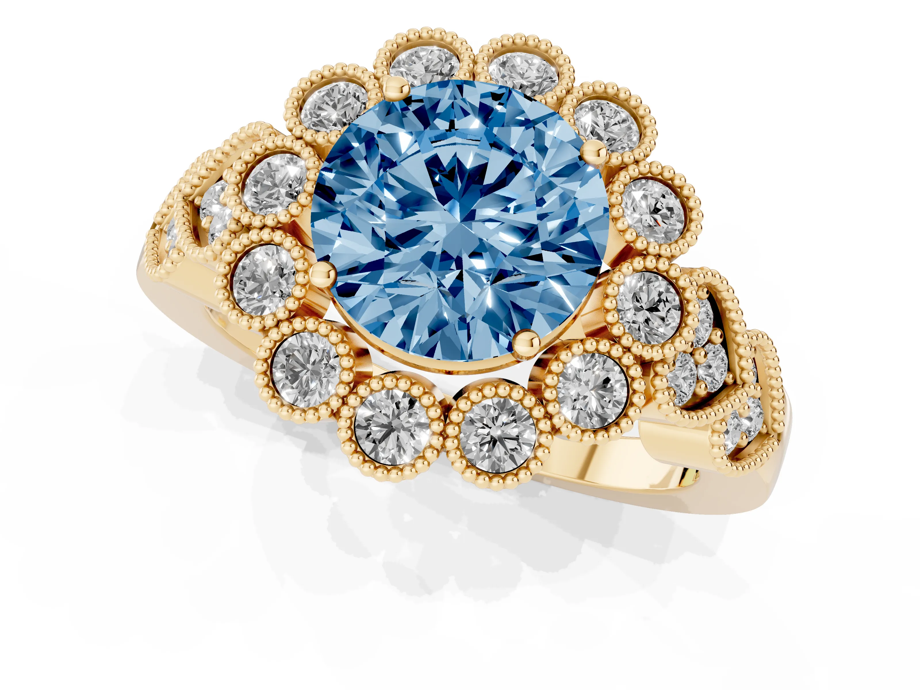 Fancy Blue Round Cut Diamond Solitaire Ring Set in Yellow gold with Milgrain Pavé Heart Band