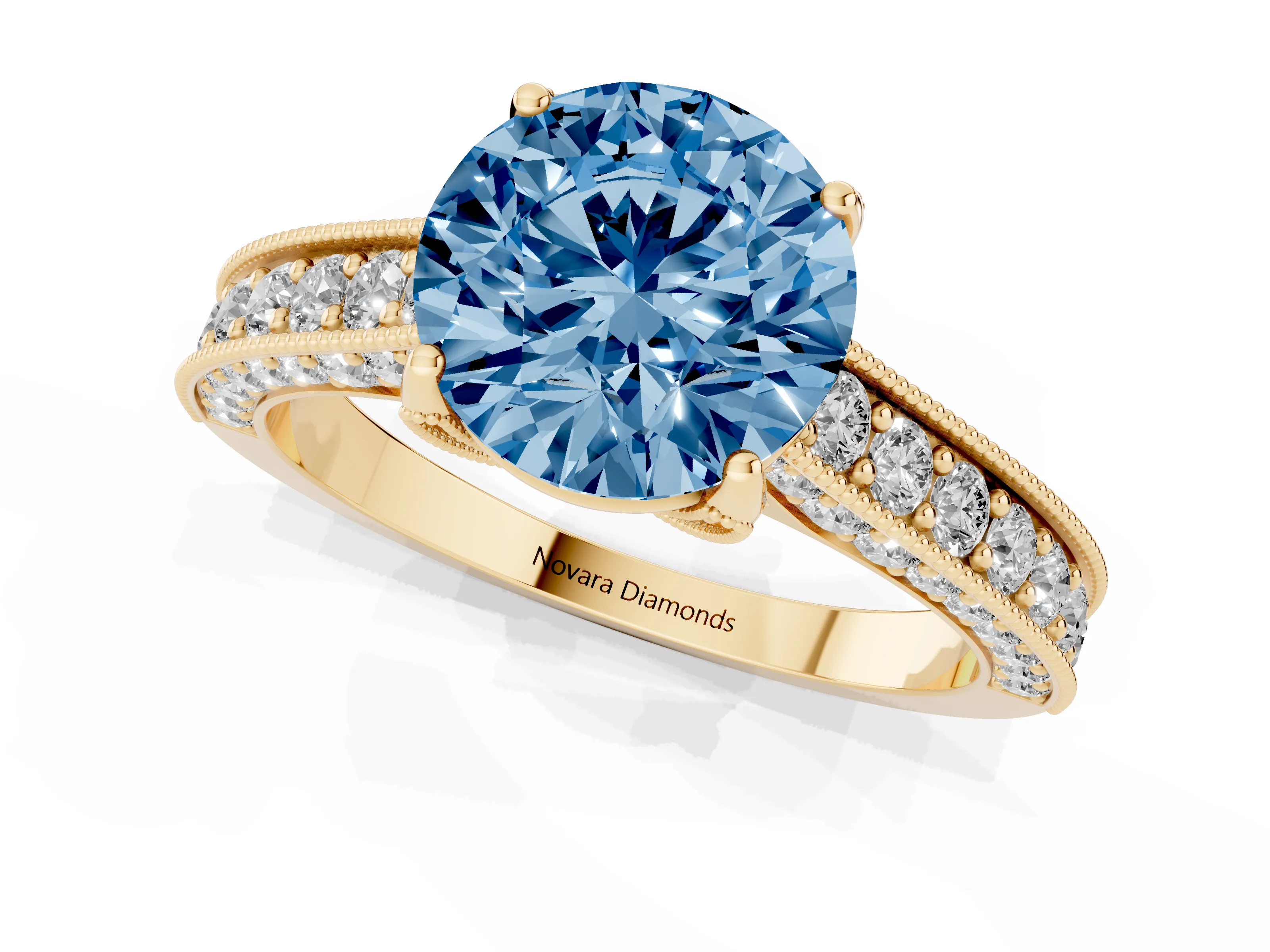Fancy Blue Round Cut Diamond Solitaire Ring Set in Yellow gold with Milgrain-Edged Pavé Band and Prong Setting