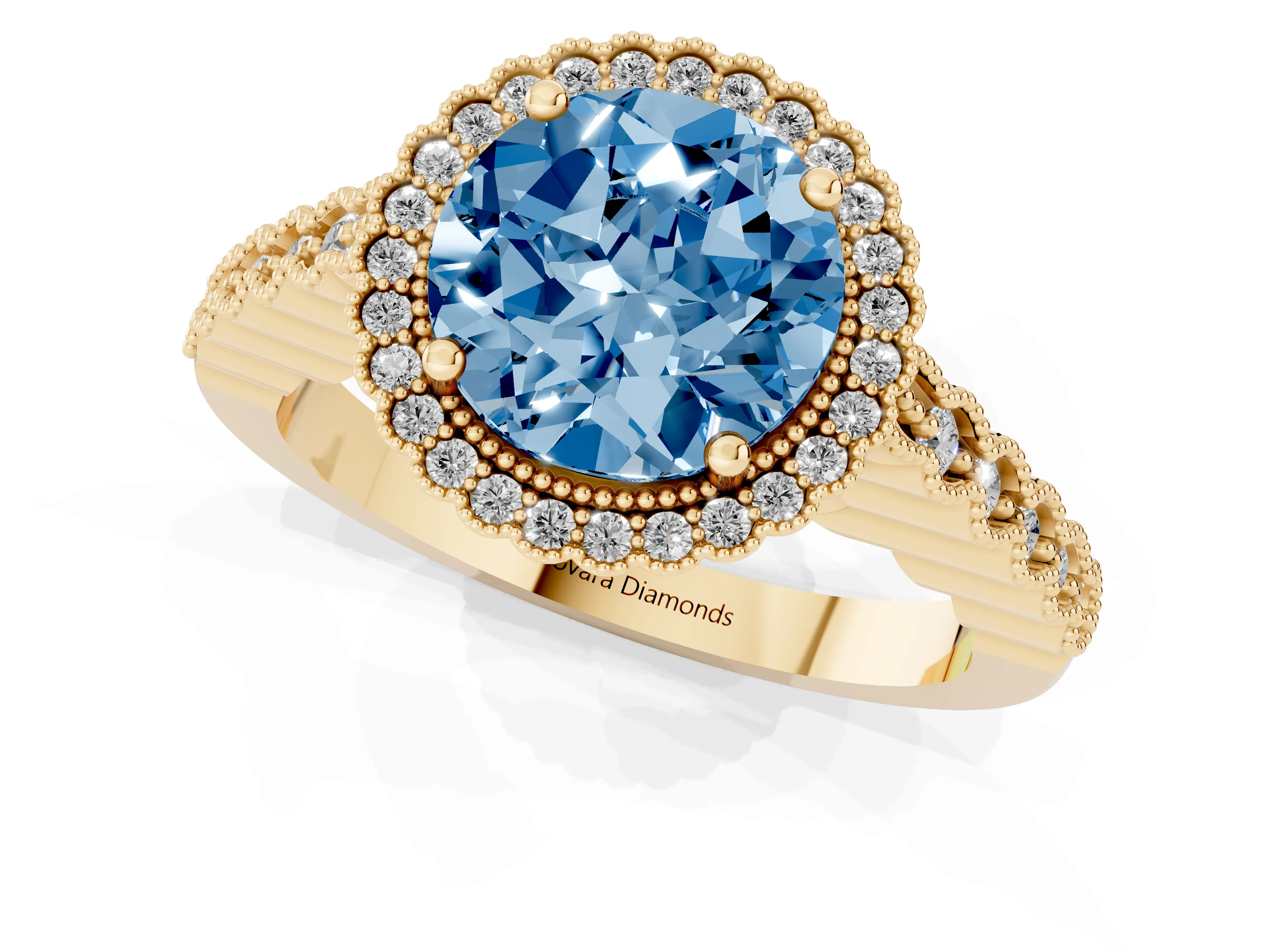 Fancy Blue Round Cut Diamond Halo Ring Set in Yellow gold with Pavé Milgrain Band