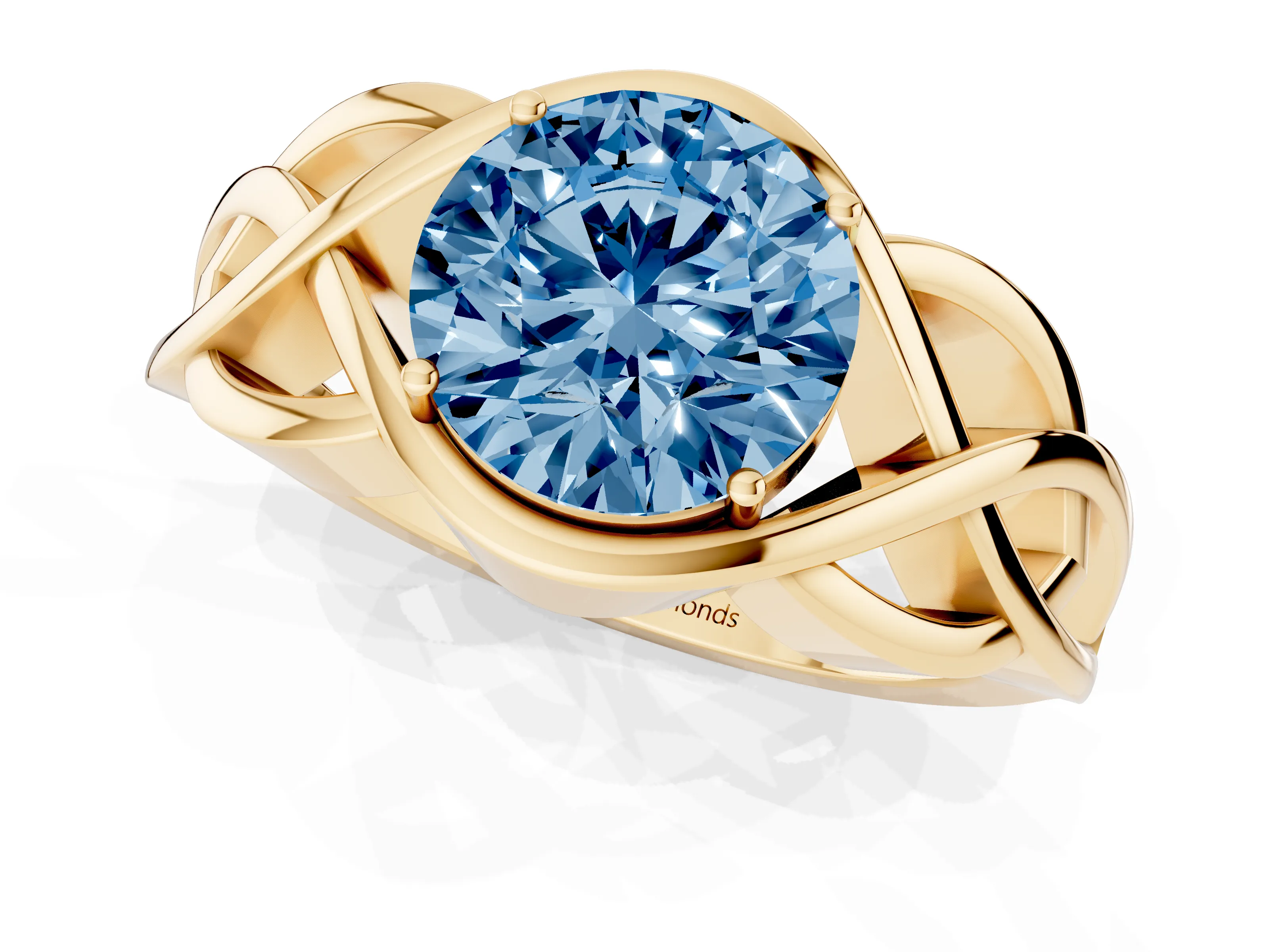 Fancy Blue Round Cut Diamond Solitaire Ring Set in Yellow gold with Intertwined Band