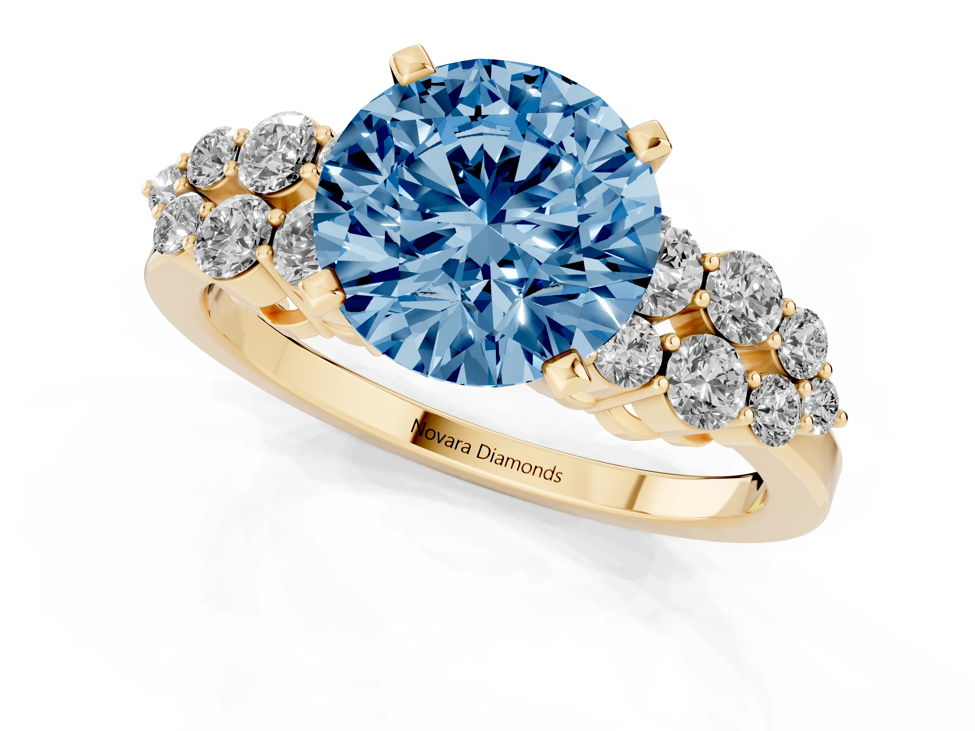 Fancy Blue Round Cut Diamond Cluster Engagement Ring Set in Yellow gold with Pavé Band and Prong Setting