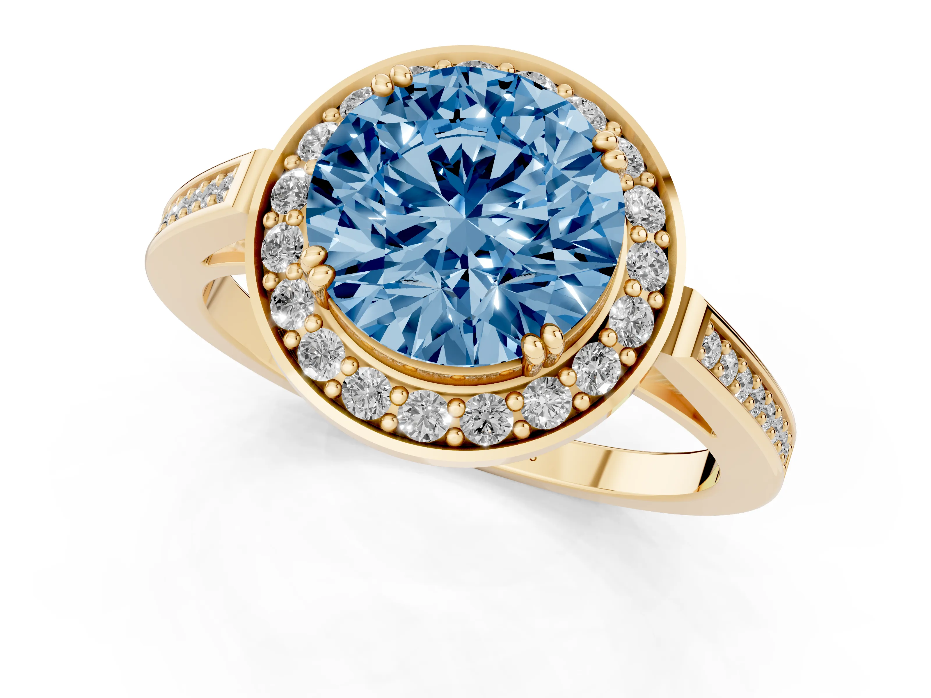 Fancy Blue Round Cut Diamond Halo Ring Set in Yellow gold with Accent-Lined Split Shank and Prong Setting