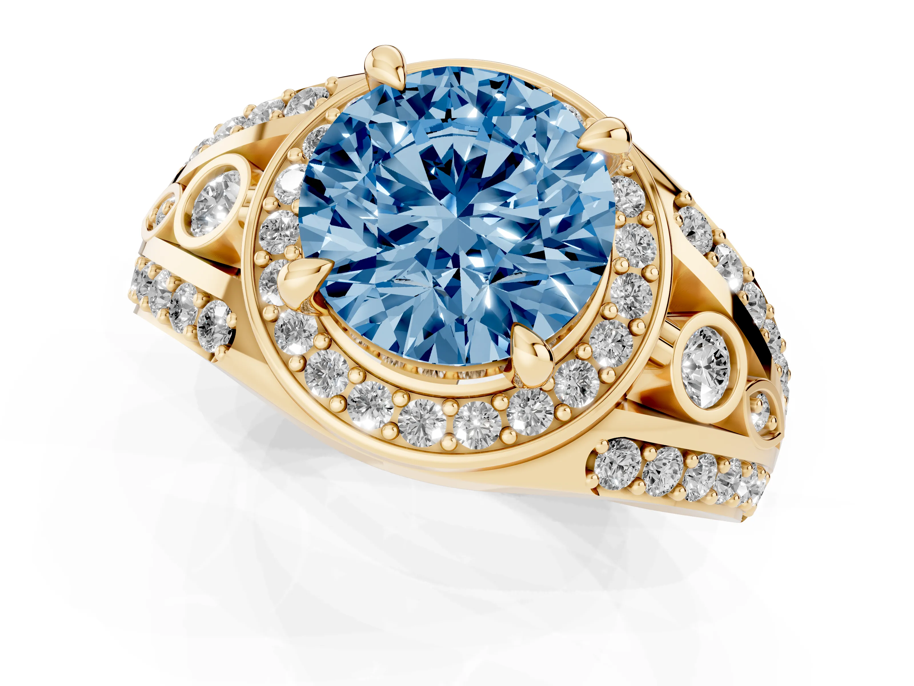 Fancy Blue Round Cut Diamond Halo Ring Set in Yellow gold with Pavé Split Shank and Bezel Accents