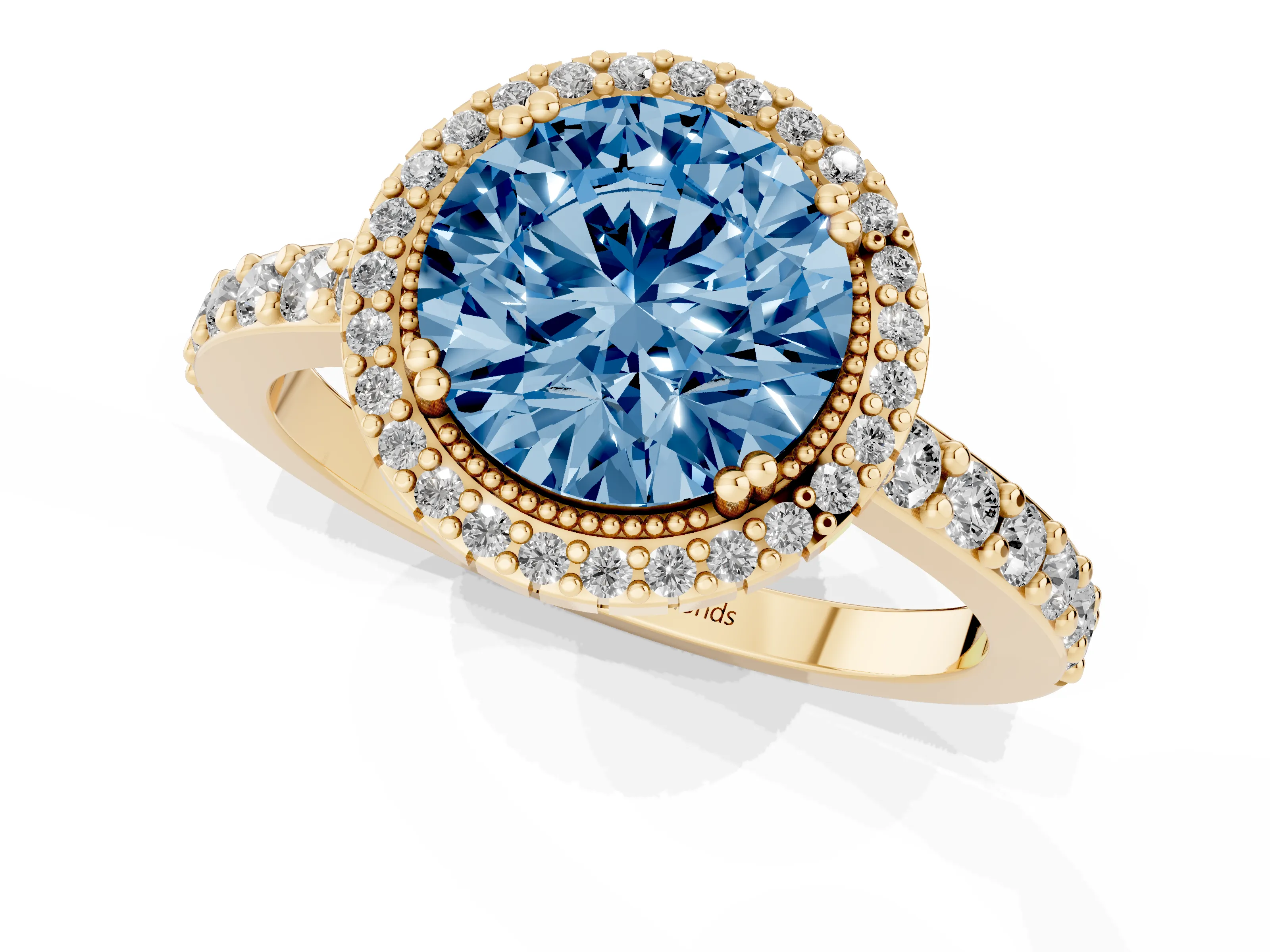 Fancy Blue Round Cut Diamond Halo Engagement Ring Set in Yellow gold with Milgrain Detail and Pavé Band