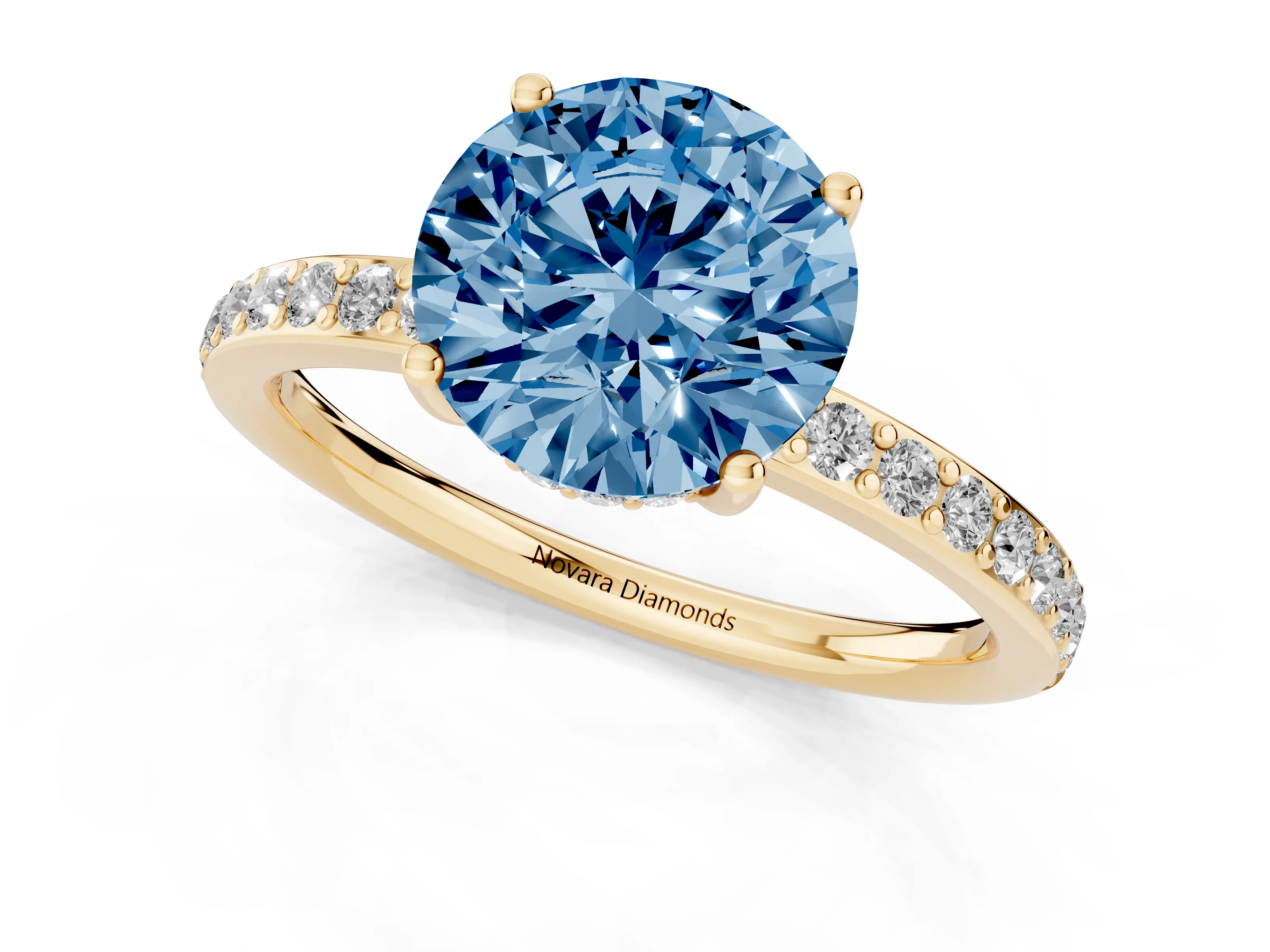 Fancy Blue Round Cut Diamond Pavé Band Ring Set in Yellow gold with Prong-Set Center Stone