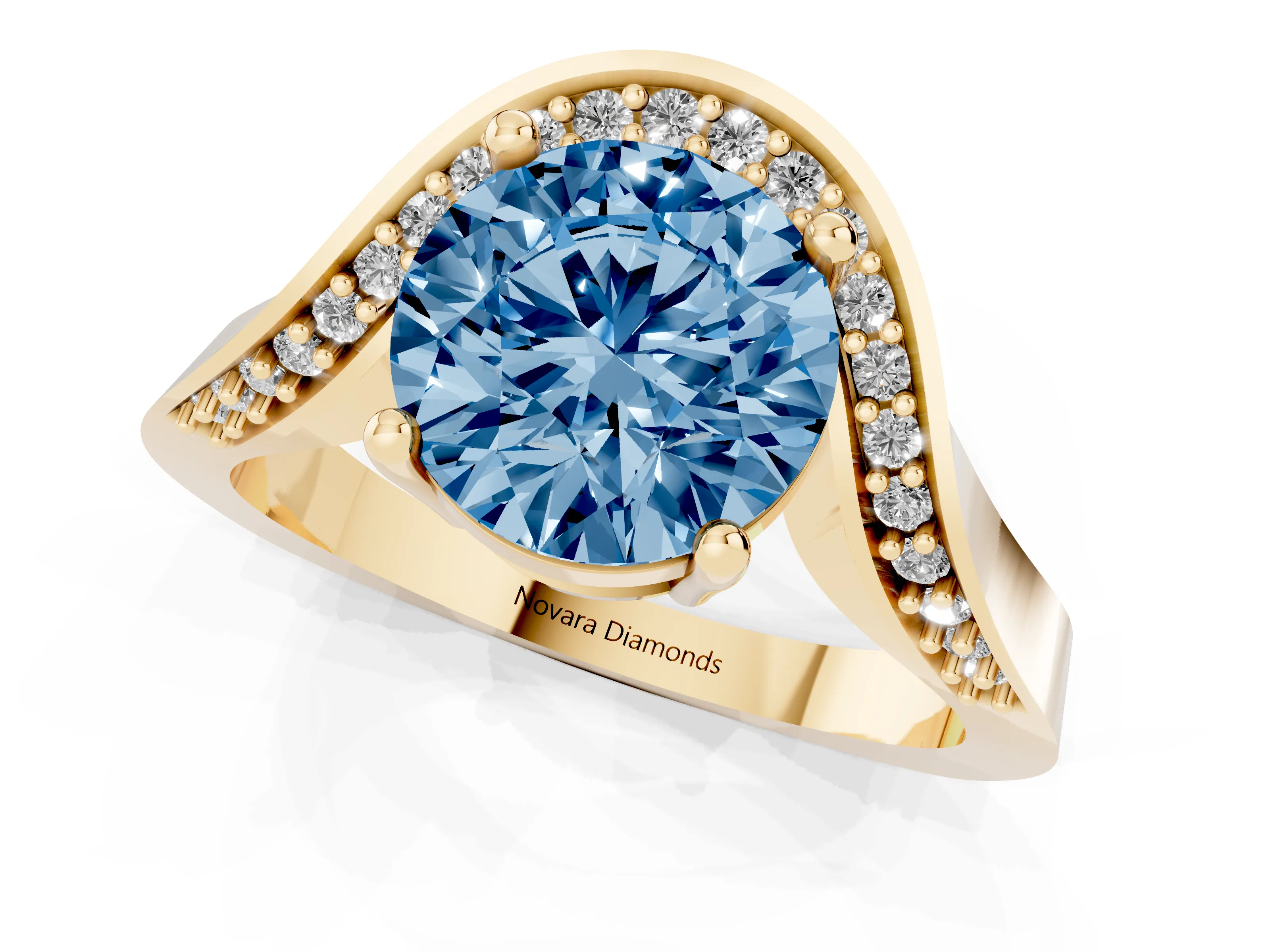 Fancy Blue Round Cut Diamond Solitaire Engagement Ring Set in Yellow gold with Pavé Shoulders