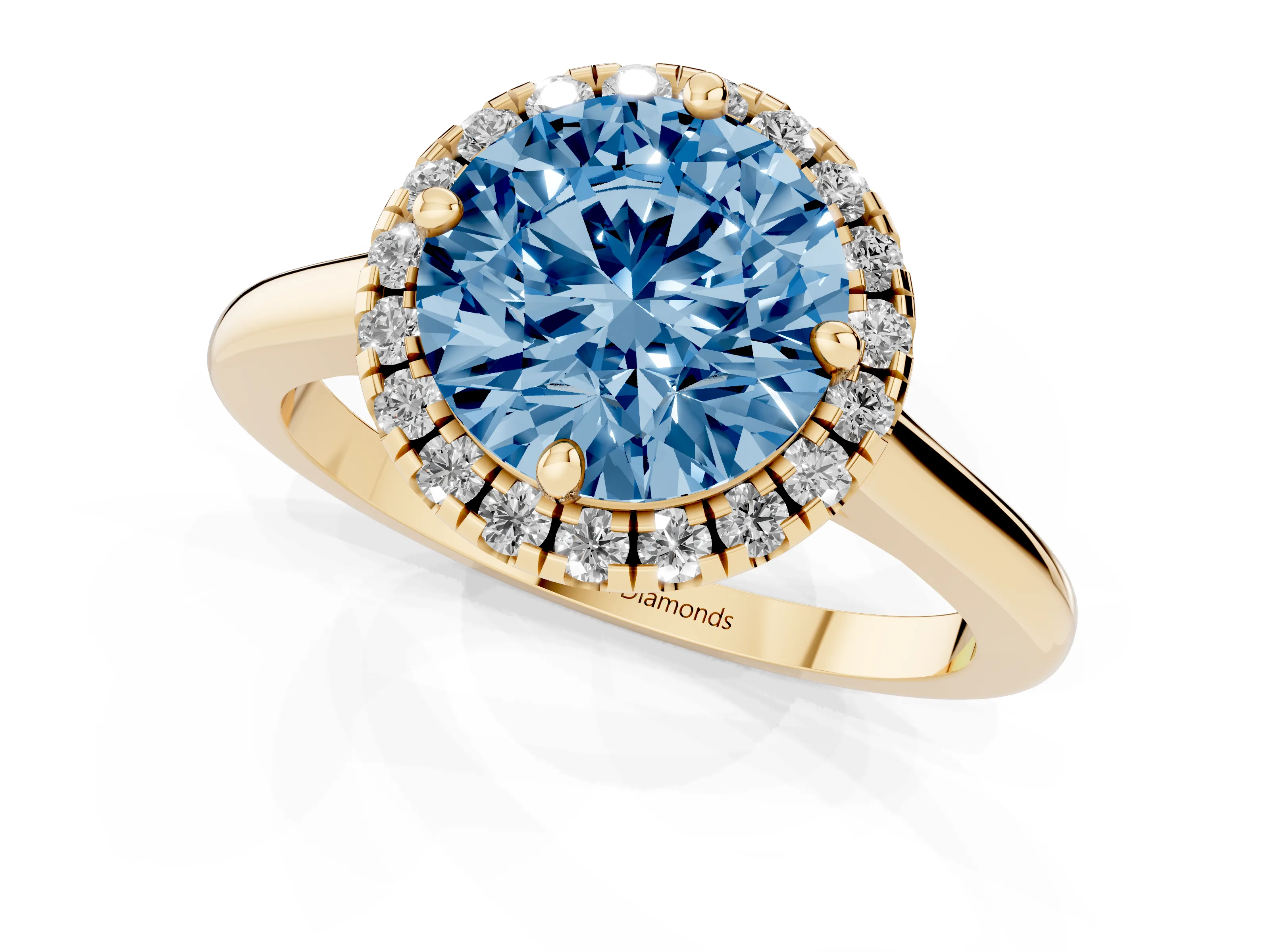 Fancy Blue Round Cut Diamond Halo Engagement Ring Set in Yellow gold with Pavé Band and Rising Shoulders