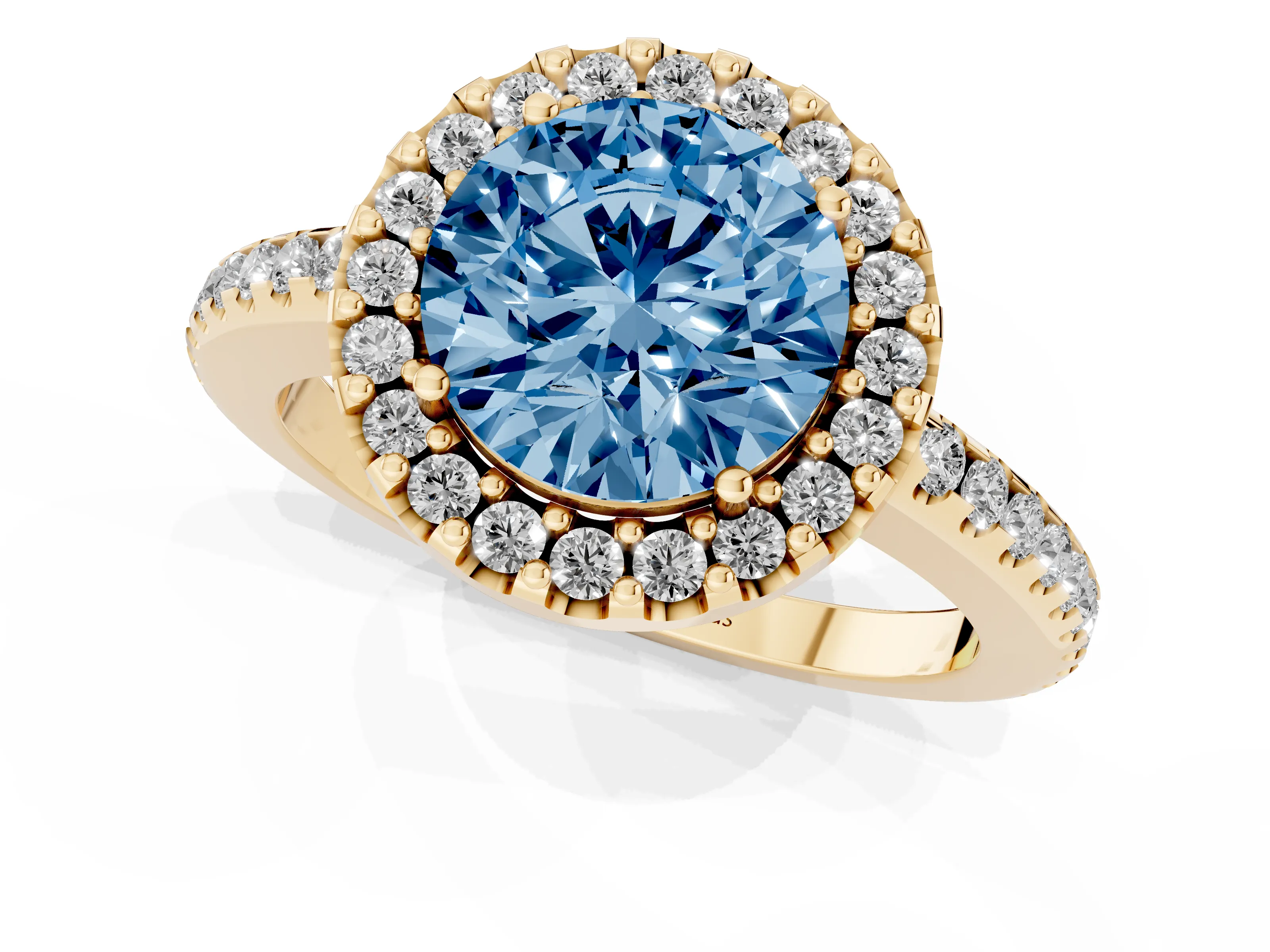Fancy Blue Round Cut Diamond Pavé Halo Ring Set in Yellow gold with Prong Setting