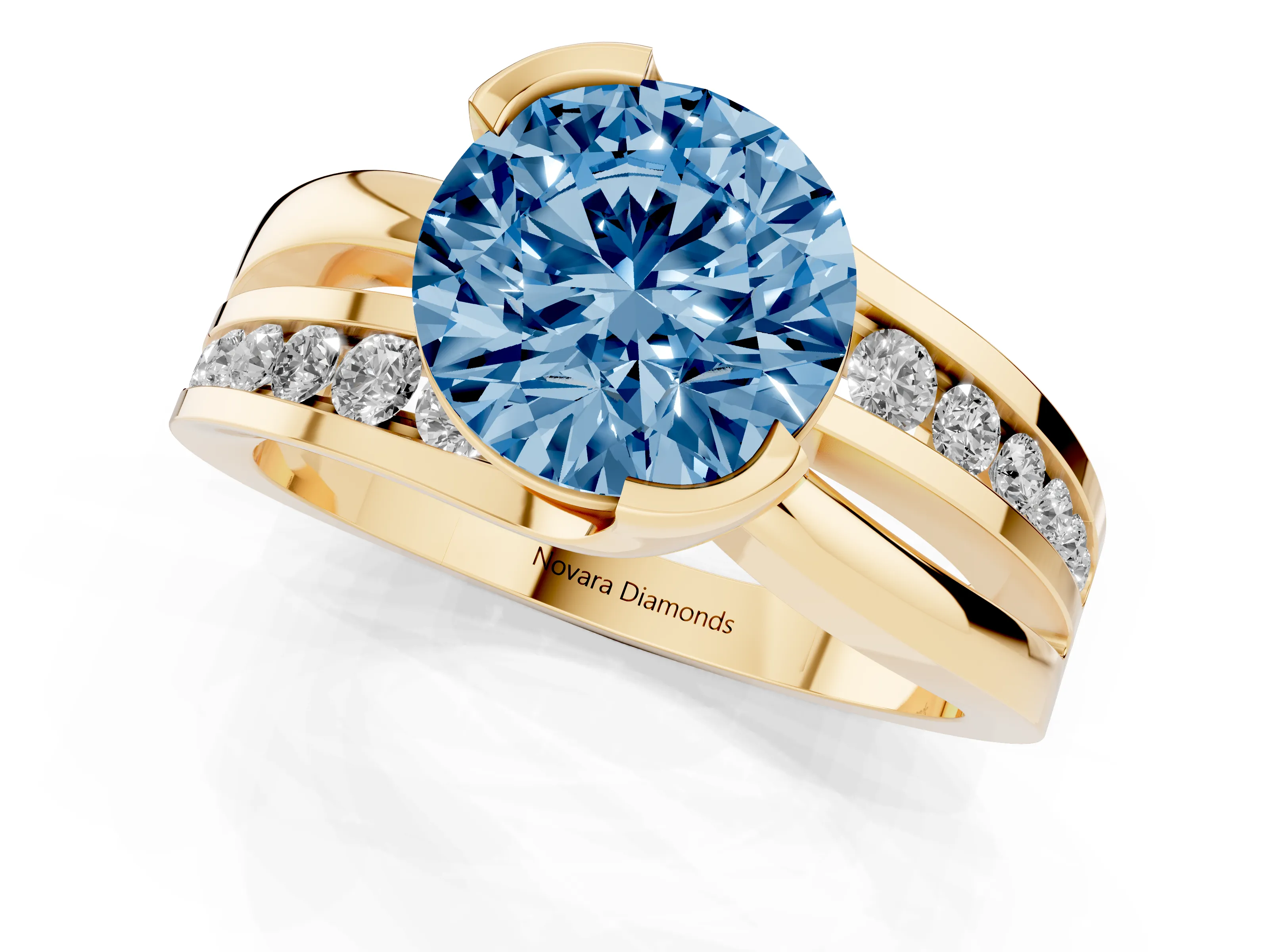 Fancy Blue Round Cut Diamond Solitaire Ring Set in Yellow gold with Channel Set Split Shank and Tension Prongs