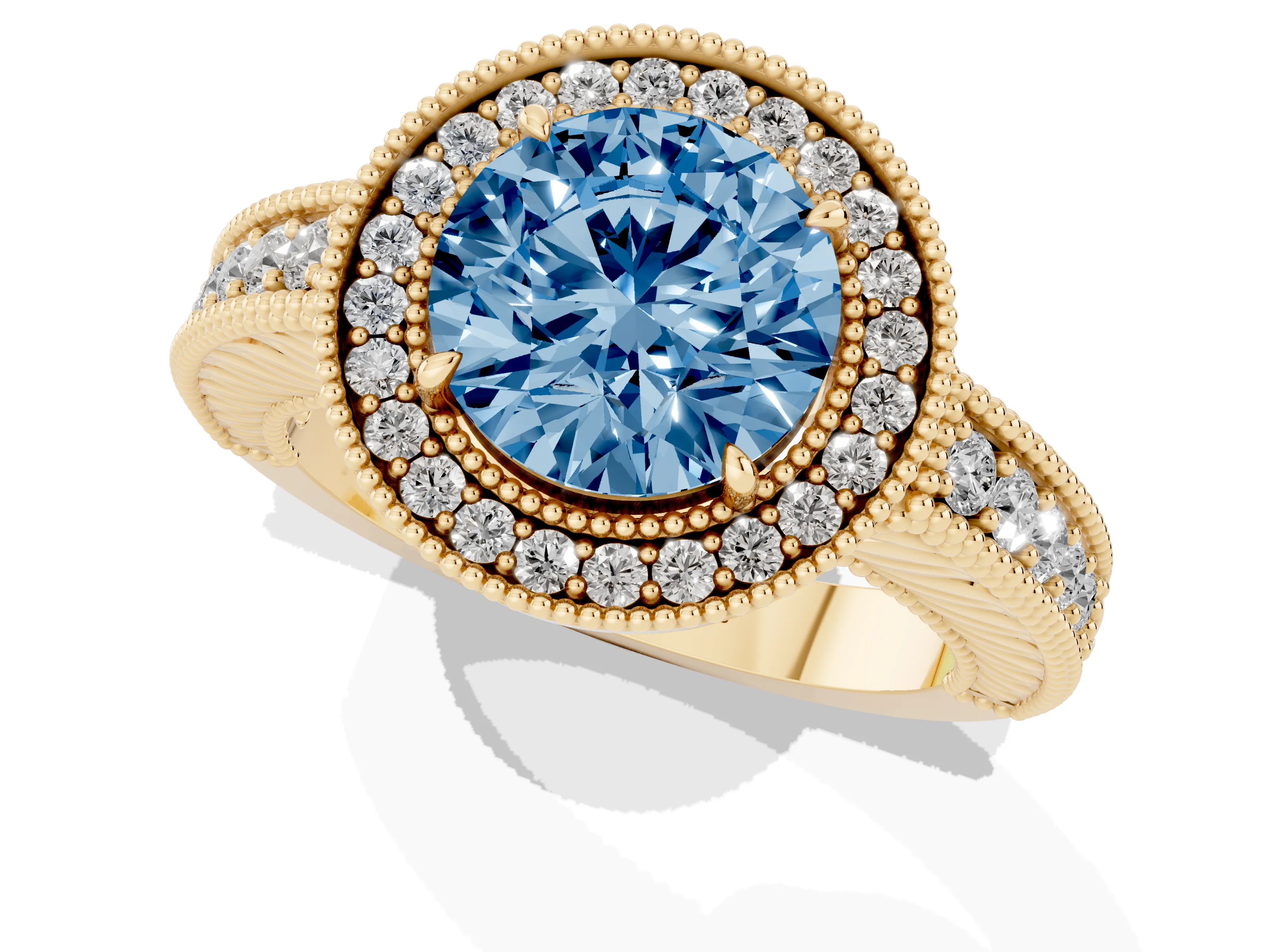 Fancy Blue Round Cut Diamond Halo Ring Set in Yellow gold with Round Accent Halo, Pavé Band and Prong Setting