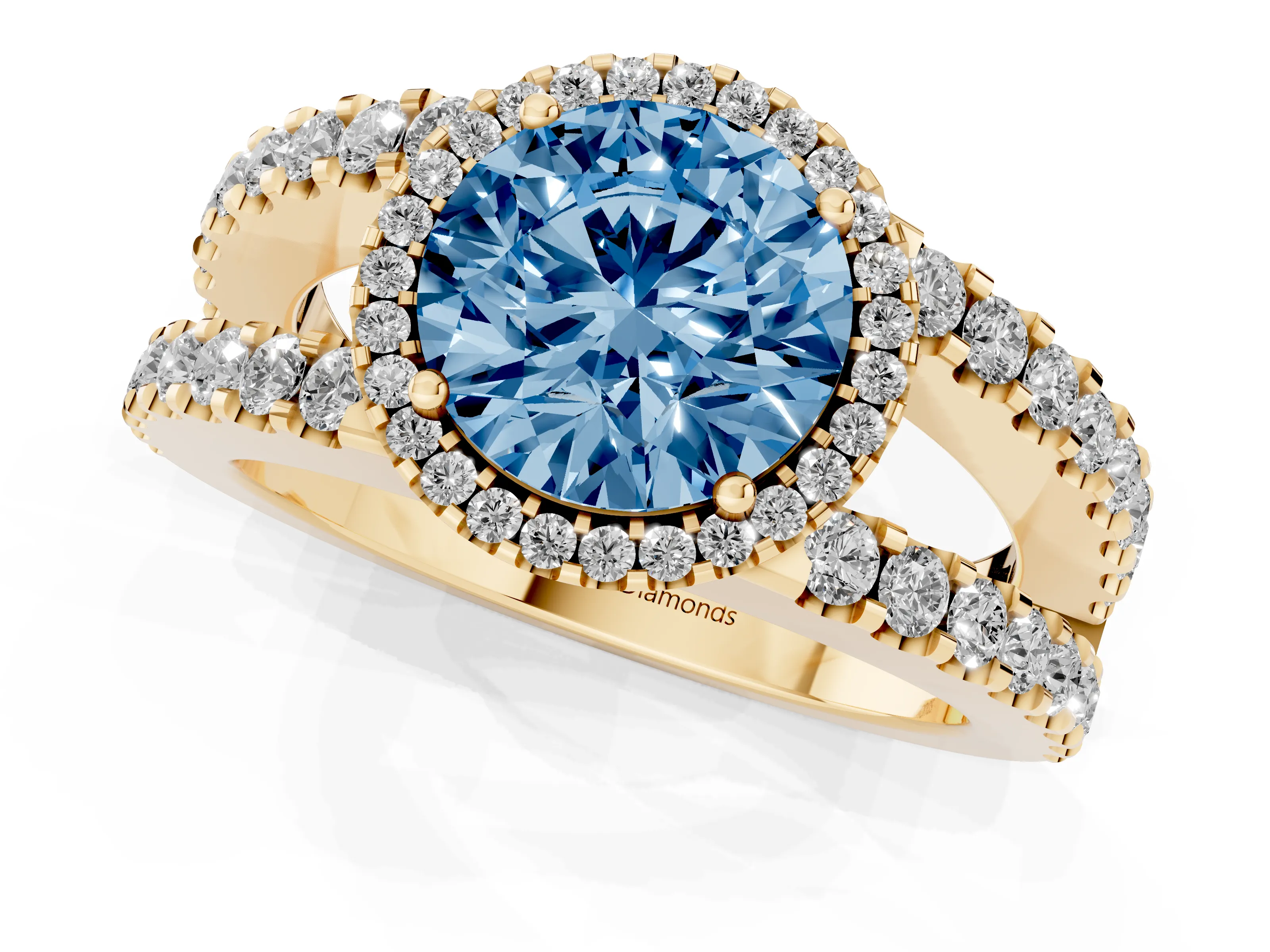 Fancy Blue Round Cut Diamond Halo Ring Set in Yellow gold with Pavé Split Shank and Prong Setting