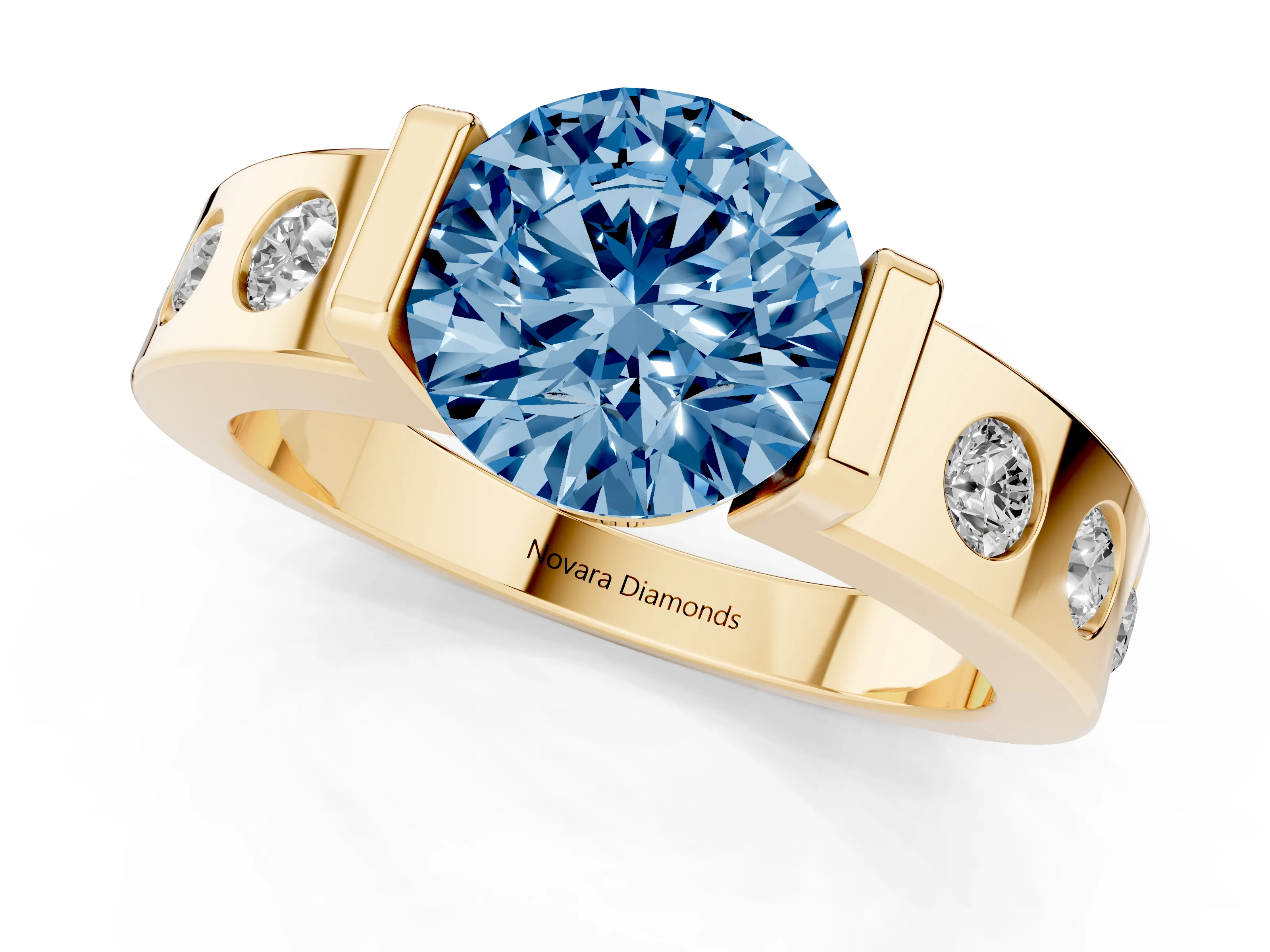 Fancy Blue Round Cut Diamond Channel-Set Band Ring Set in Yellow gold with Bezel Prong Setting