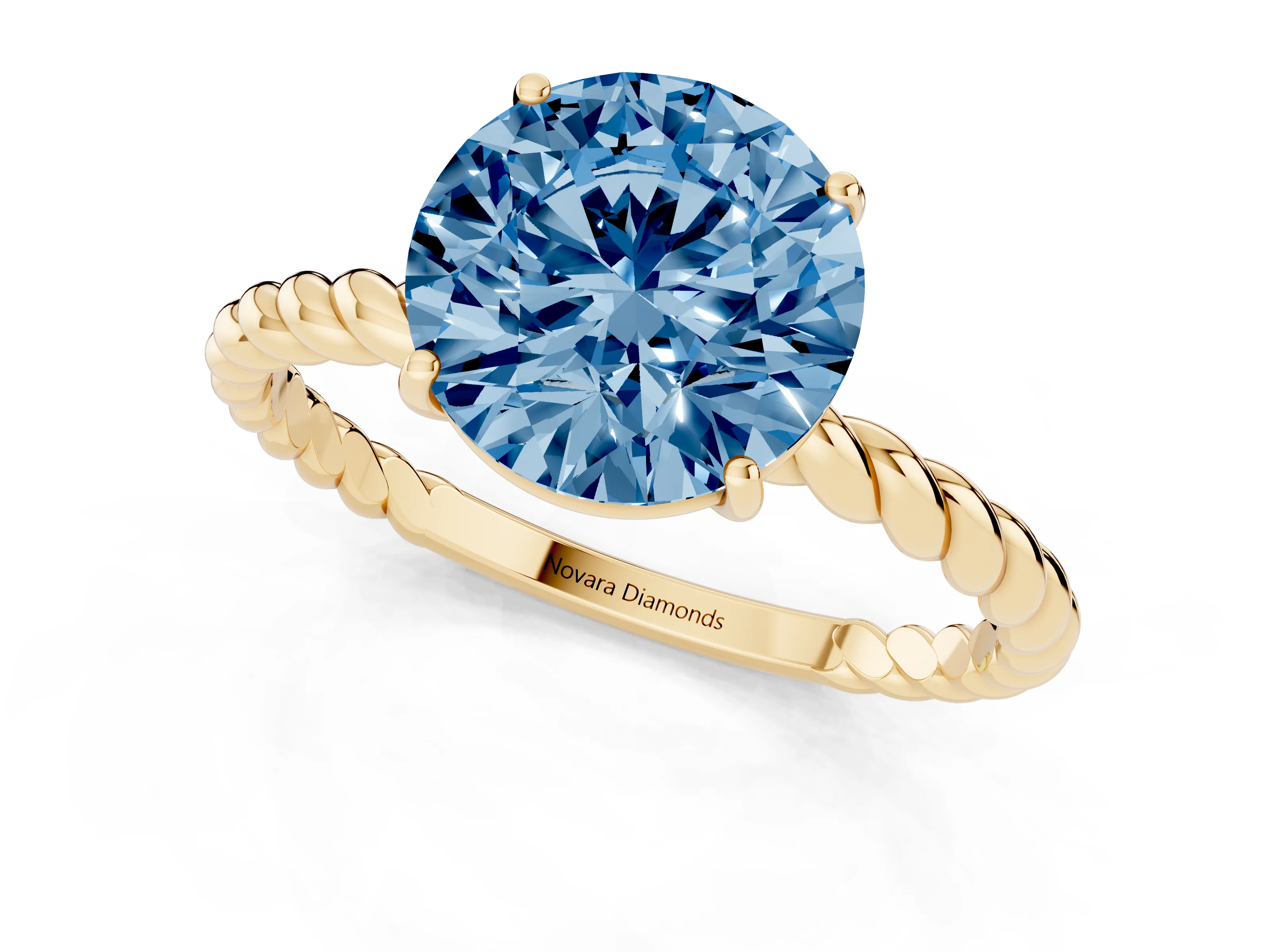 Fancy Blue Round Cut Diamond Solitaire Ring Set in Yellow gold with Twist Band and Prong Setting