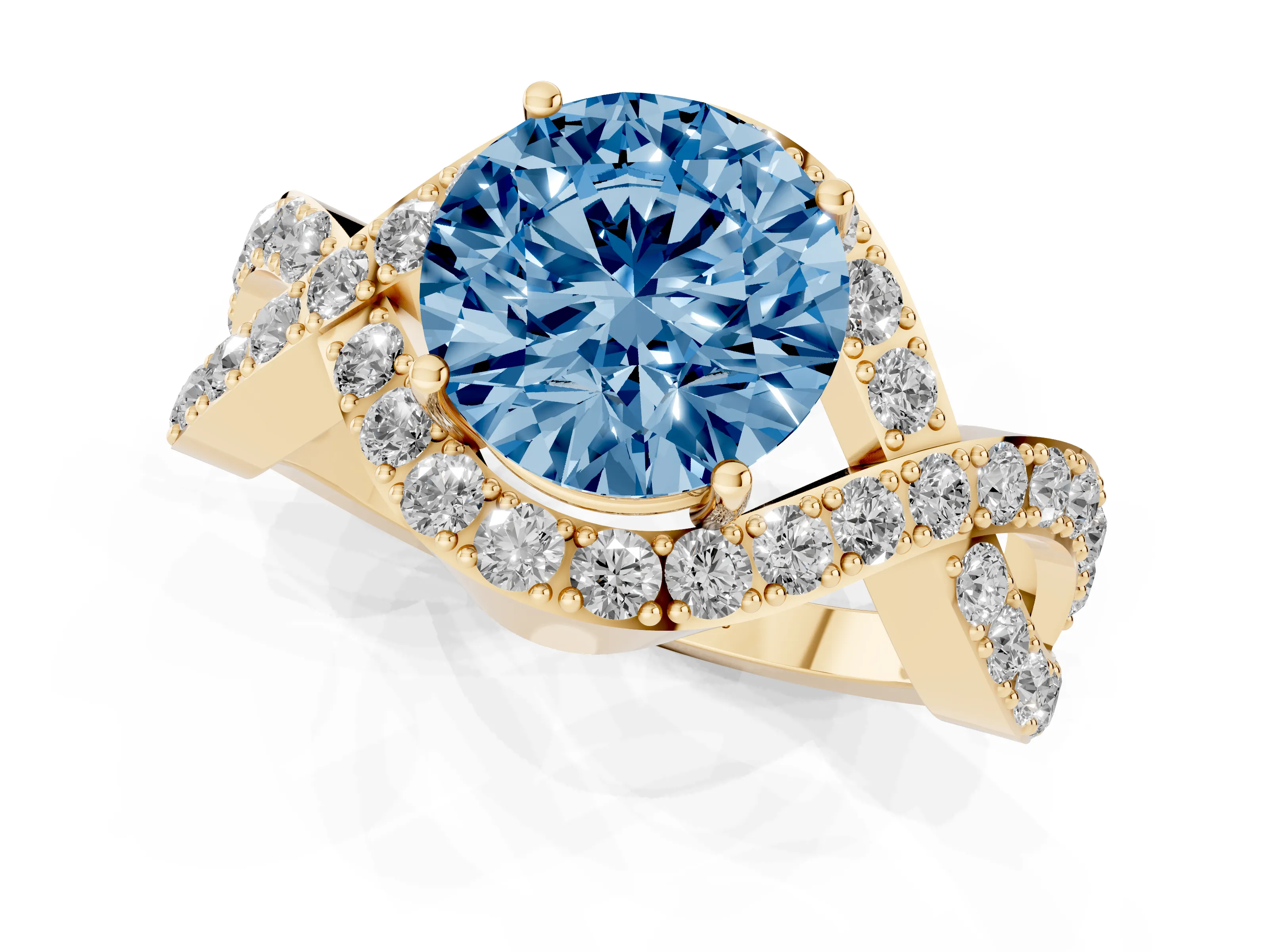 Fancy Blue Round Cut Diamond Solitaire Twist Band Pavé Engagement Ring Set in Yellow gold