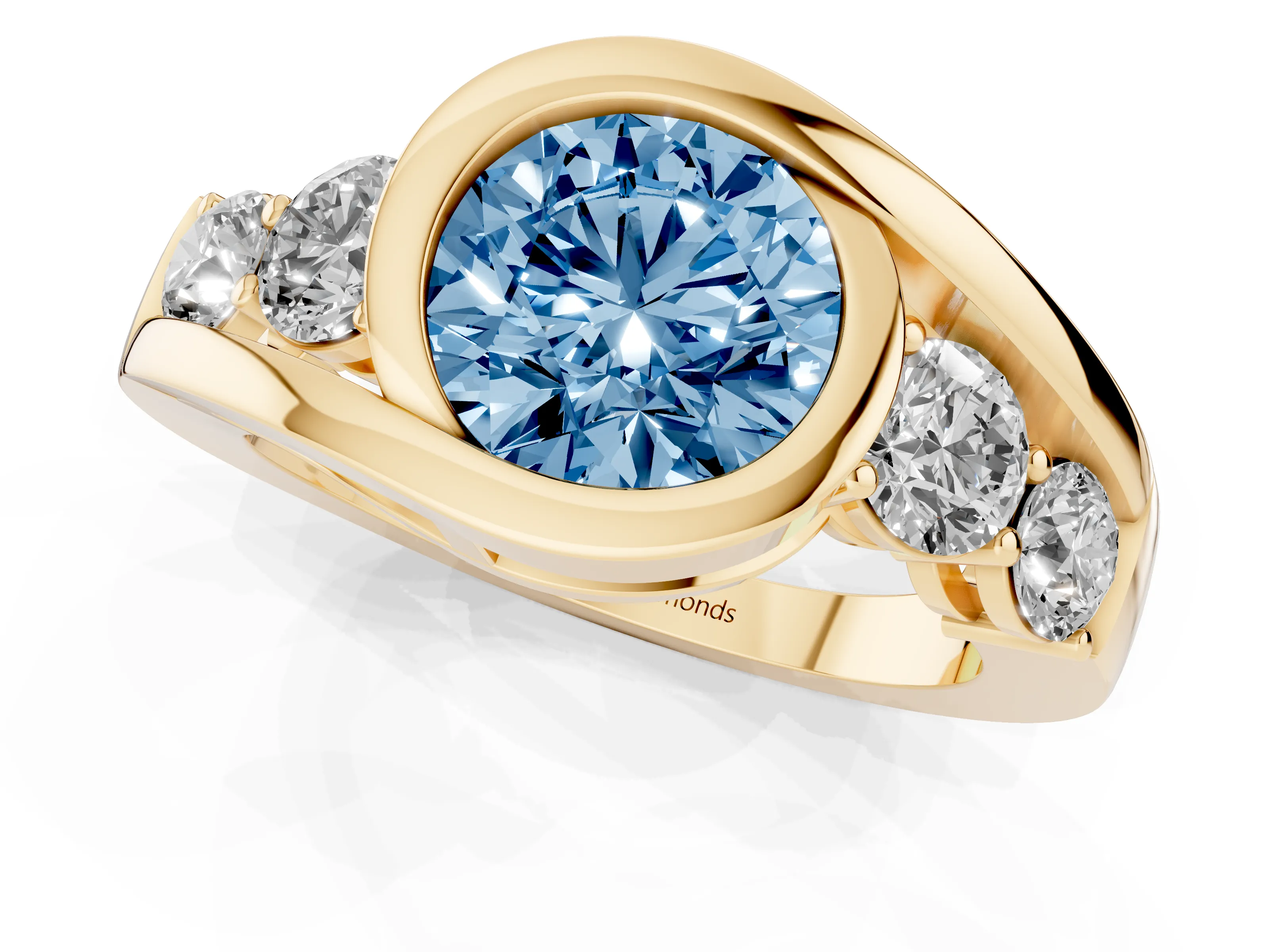 Fancy Blue Round Cut Diamond Bezel Bypass Ring Set in Yellow gold with Round Accents