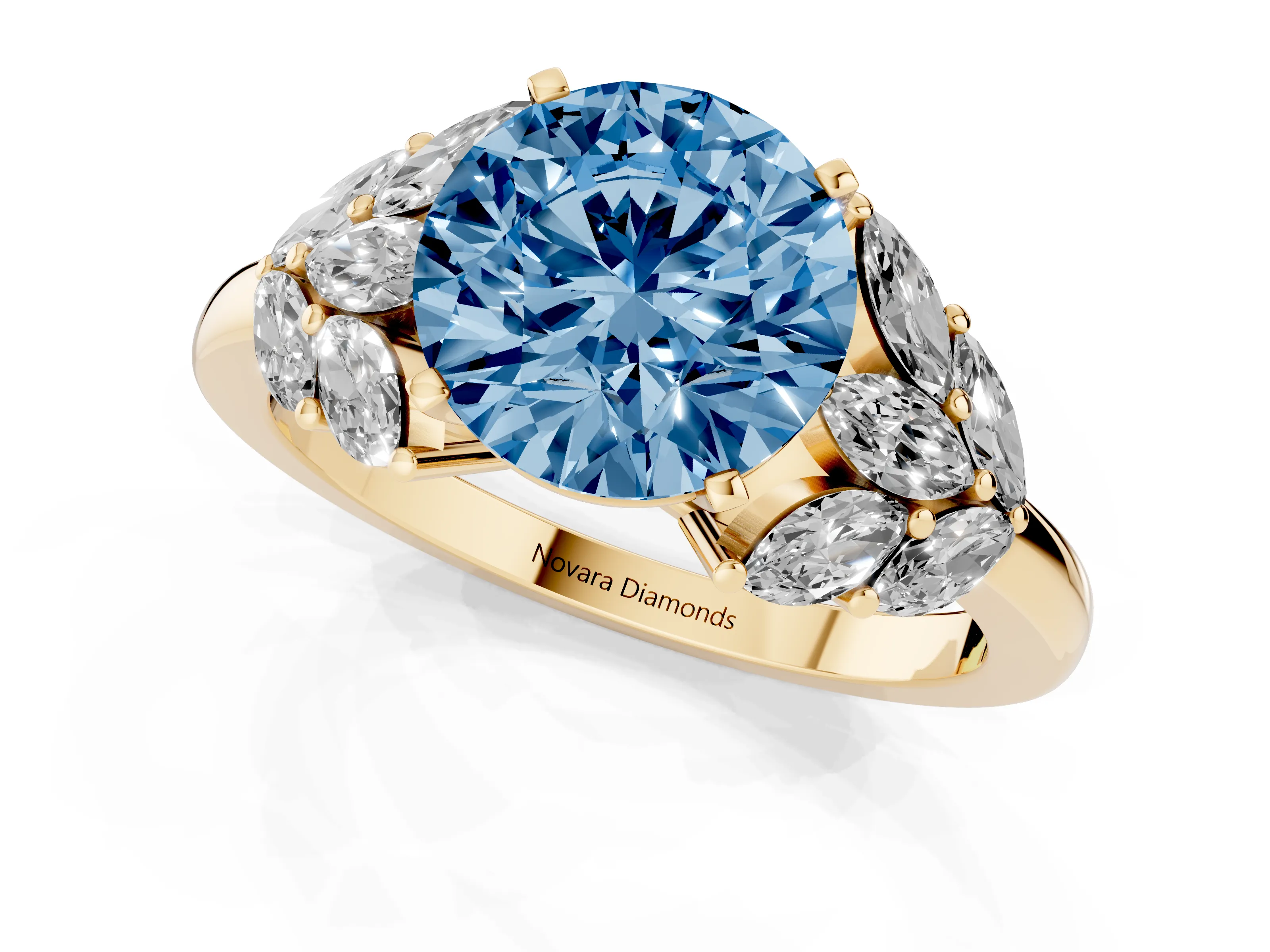 Fancy Blue Round Cut Diamond Cluster Leaf Design Ring Set in Yellow gold with Prong Setting