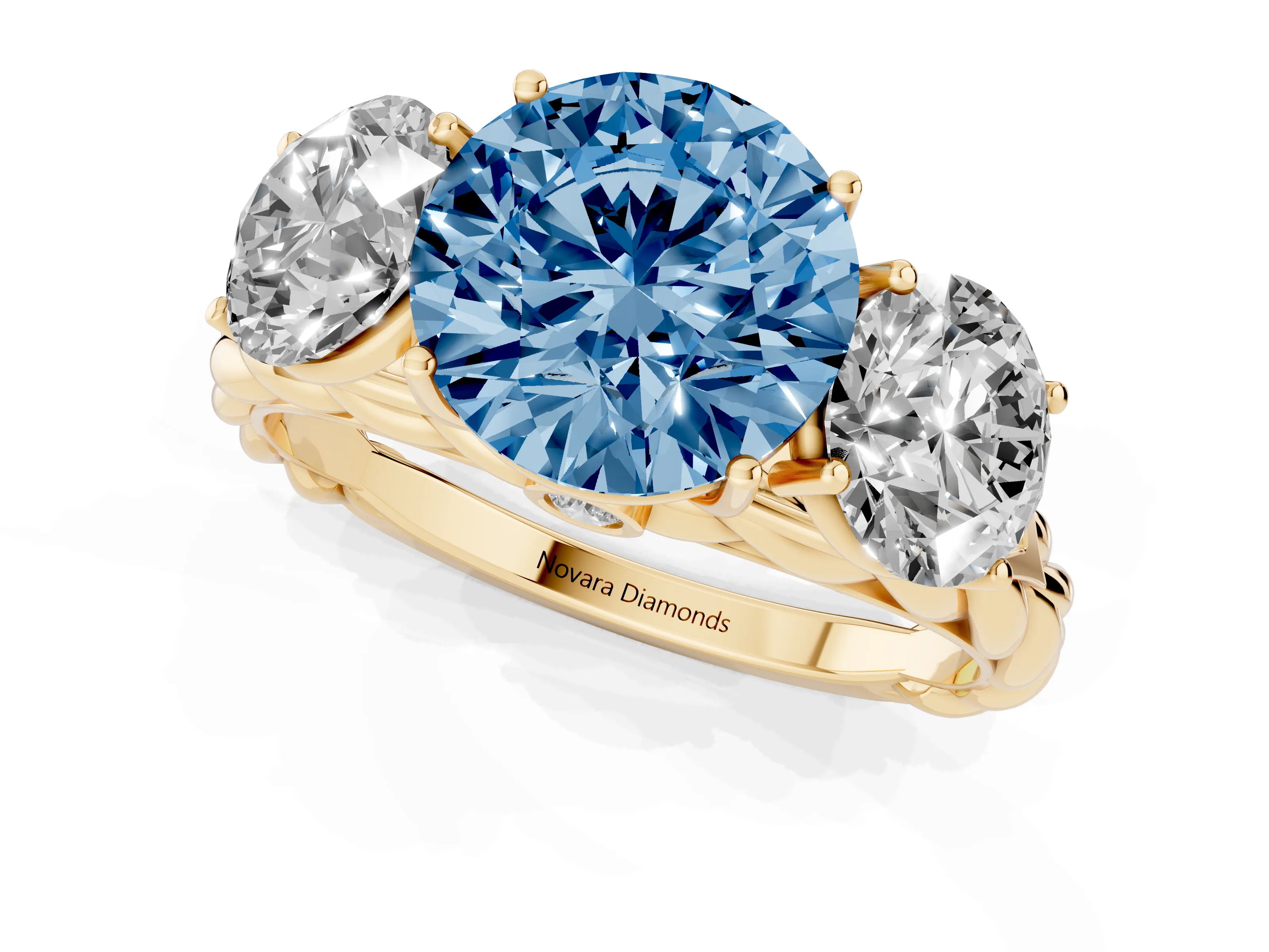 Fancy Blue Round Cut Diamond Three-Stone Ring Set in Yellow gold with Braided Band