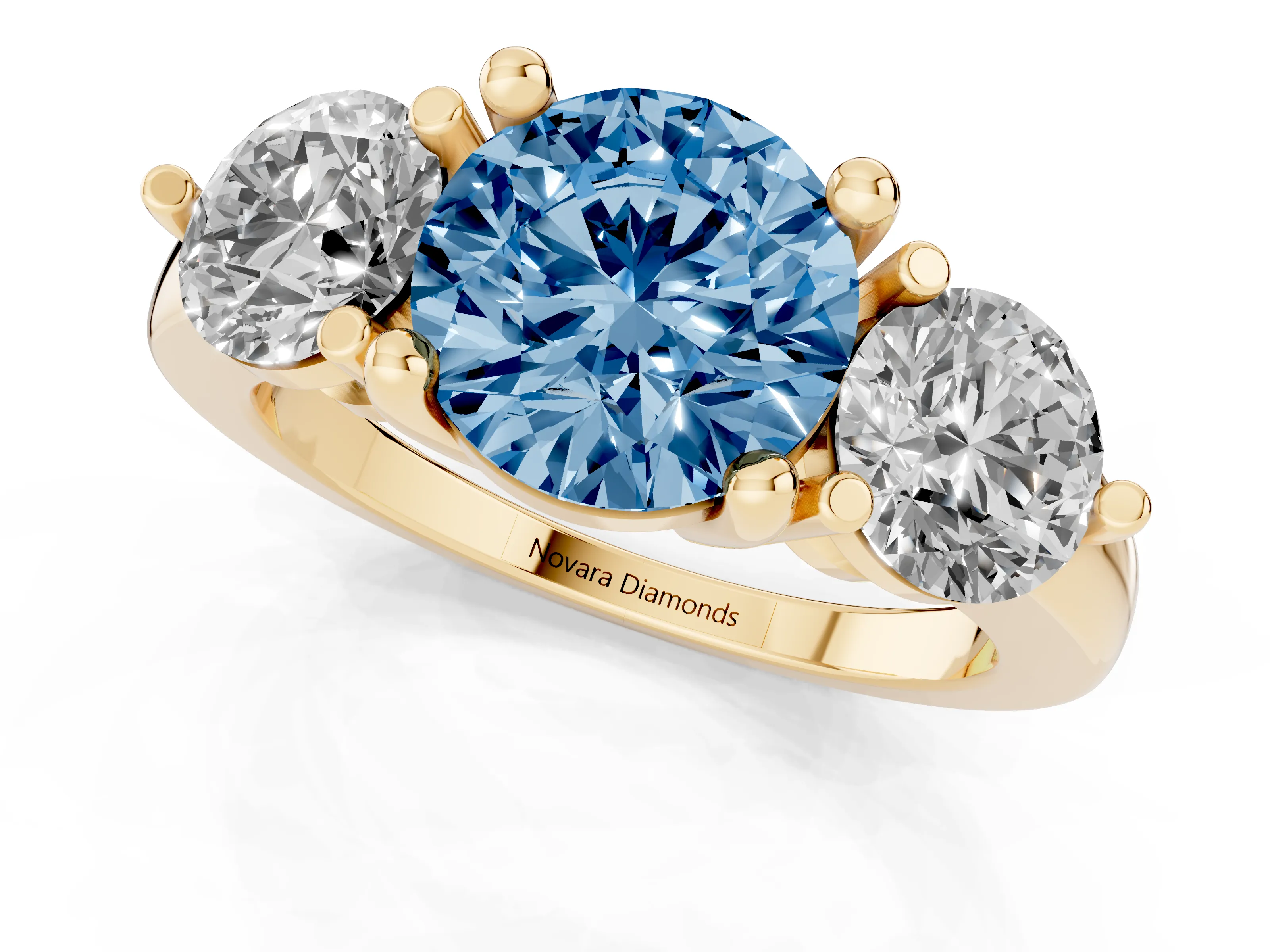 Fancy Blue Round Cut Diamond Three-Stone Ring Set in Yellow gold with Prong Setting and Classic Band